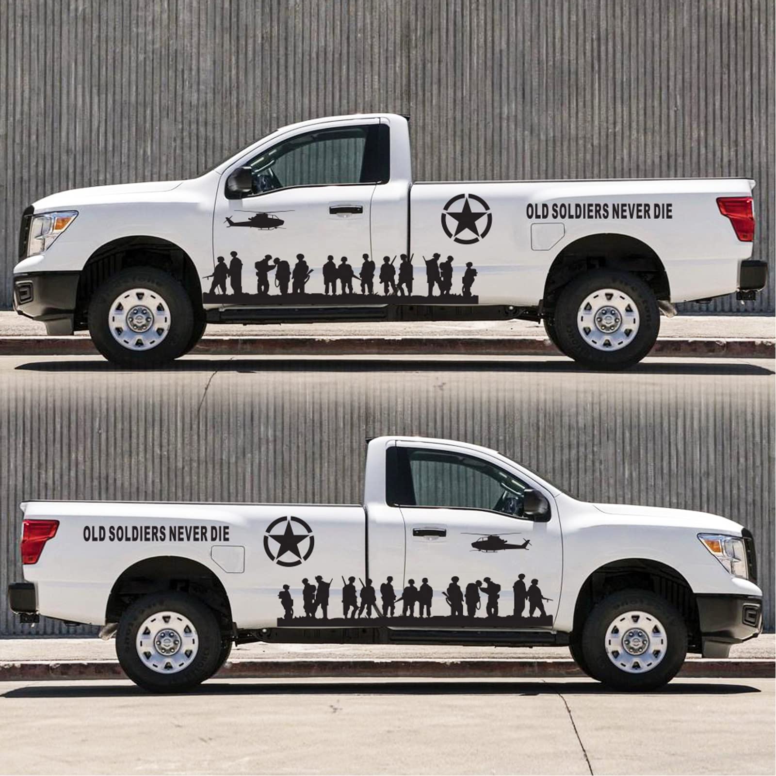 US Army Military Star Vinyl Car Stickers & Decals - Old Soldiers Never Die Truck Decals for Men - Patriotic Soldier Vehicle Side Sticker - Black - Perfect for Trucks, SUVs, Cars & Motorcycles to Show Military Pride