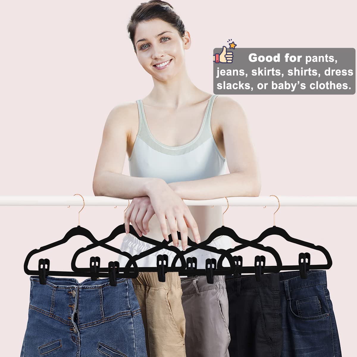 20 Pack Black Velvet Hangers with Non-Slip Clips - Strong Finger Clips for Pants & Thin Velvet Hangers - Perfect for Closet Organization & Space Saving Wardrobe Storage