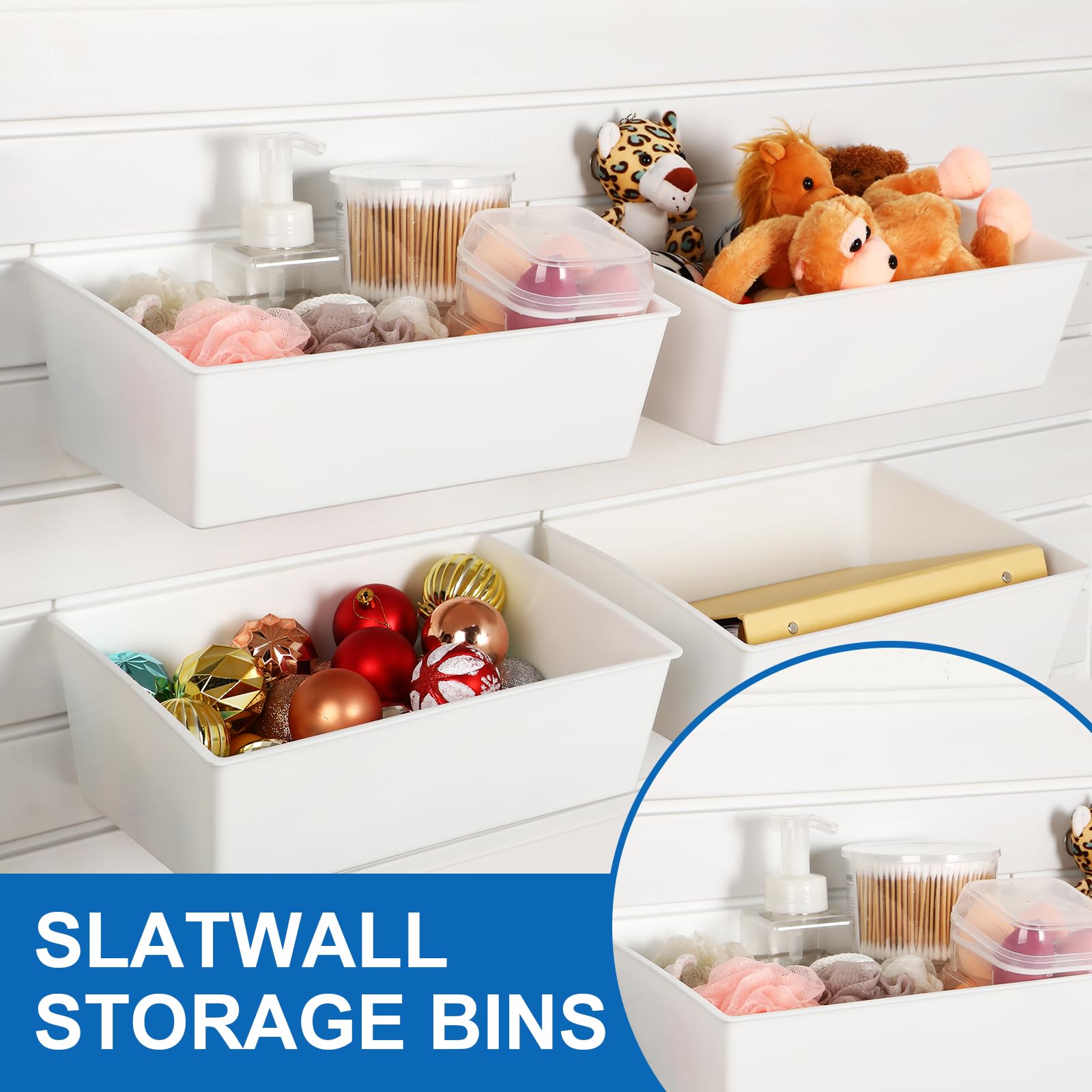6 Pack Large Slat Wall Bins - PVC Slatwall Containers, Stackable Plastic Storage Bins & Baskets for Garage, Hardware & Tool Organization - 13 x 9.7 x 4.3 Inches (White) - Perfect for Workshop, Retail Display & Home Storage Solutions