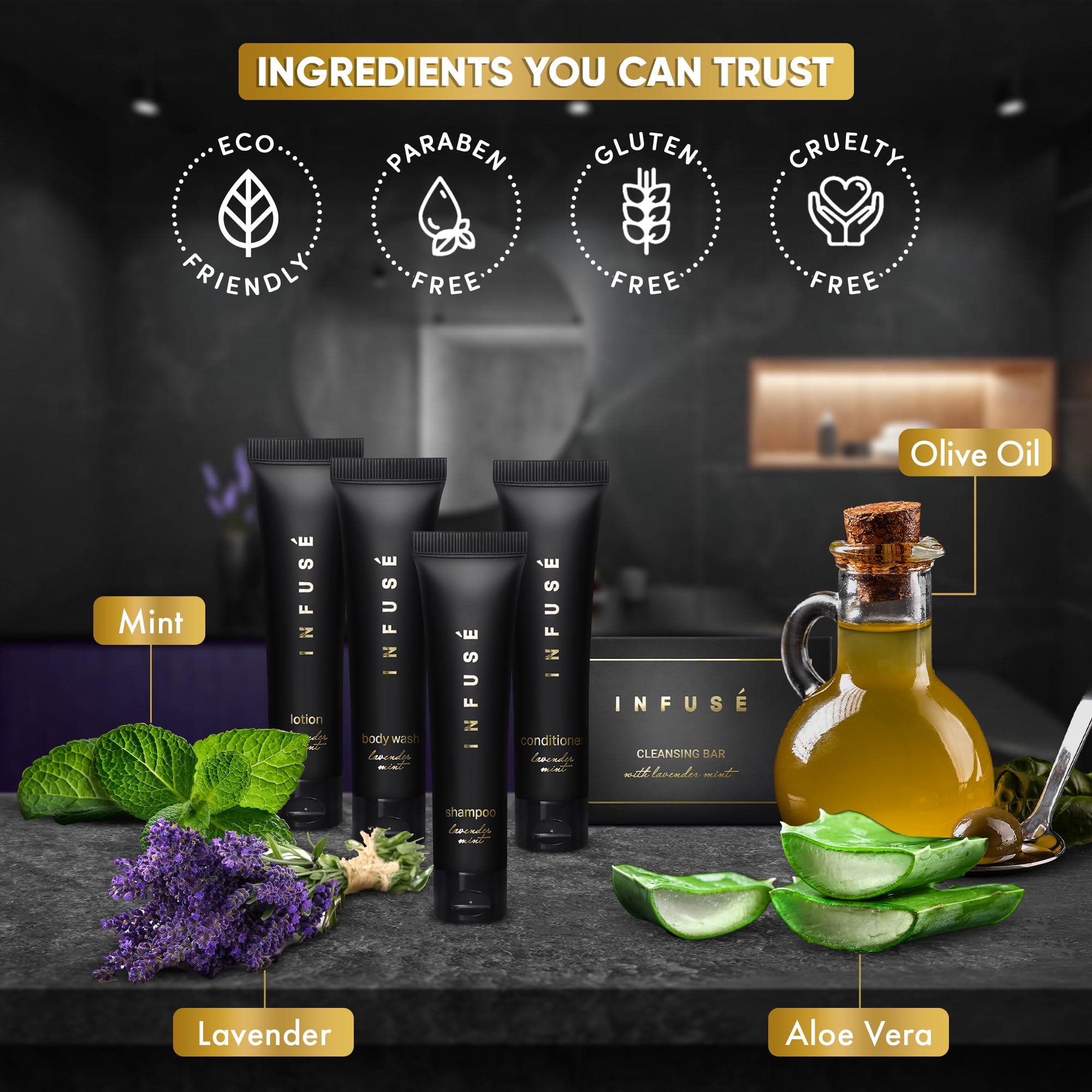 Infuse Black Hotel Soaps and Toiletries Bulk Set - 300 Pieces All-In-One Amenities Kit for Hotels & Airbnb | Includes Travel-Size 1 oz Shampoo, Conditioner, Body Wash, Lotion & 1.25 oz Cleansing Bar | Perfect for Hospitality Industry, Guest Bathrooms, and Luxury Accommodations