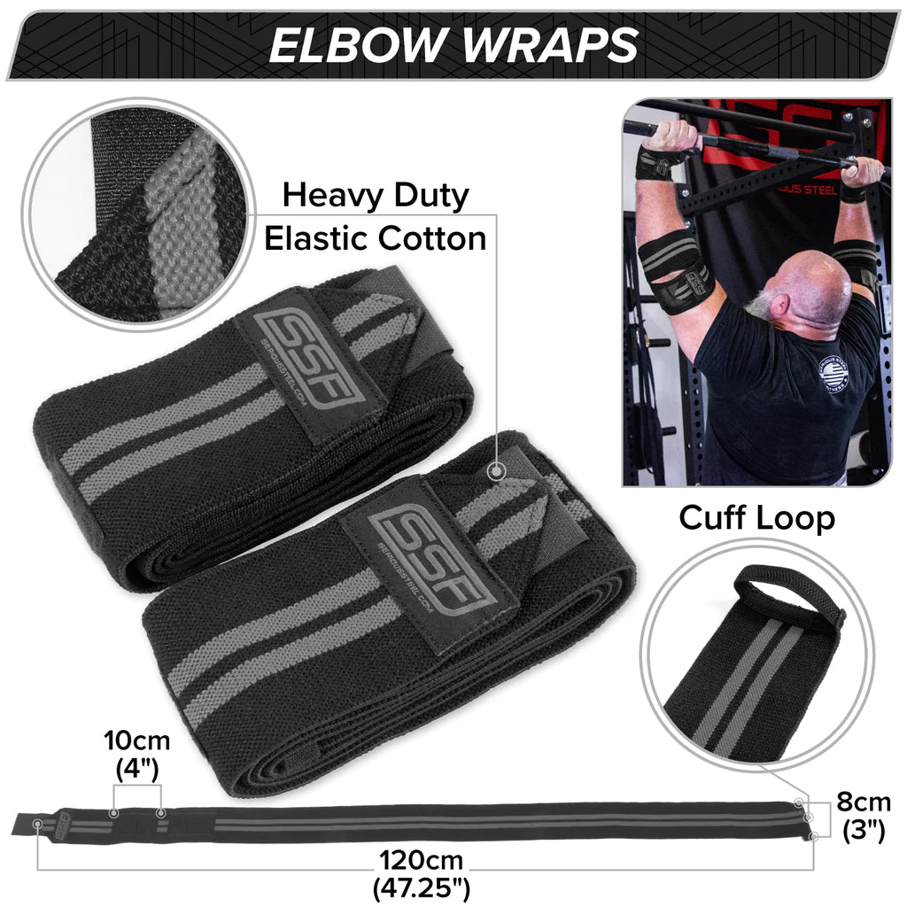 Serious Steel Fitness Elbow Wraps - Support & Compression for Weightlifting, Powerlifting & CrossFit - Ideal for Gym, Training & Workouts (Regular Size, 47