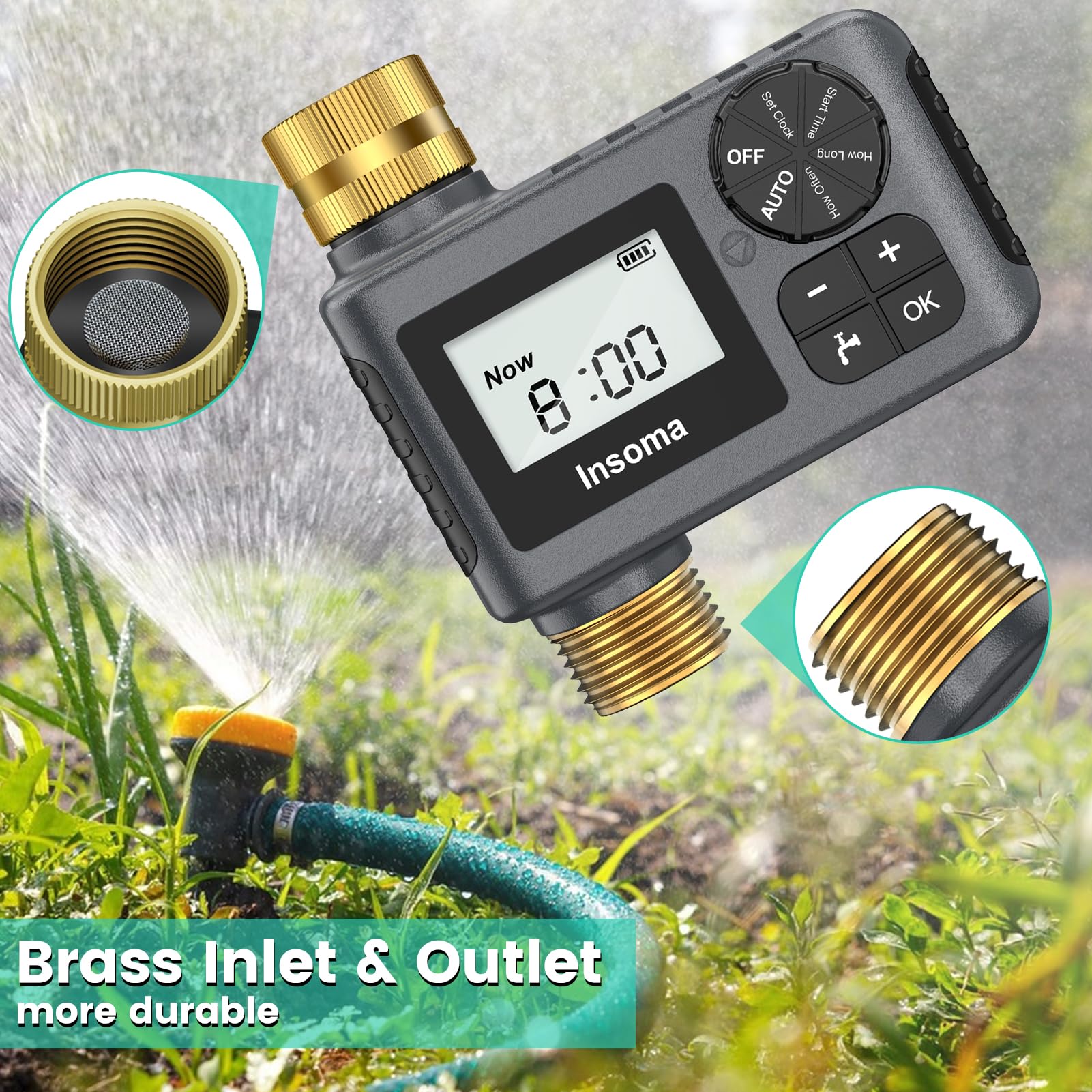 Programmable Outdoor Garden Hose Timer with Brass Inlet/Outlet - Auto, Manual & Rain Delay Modes for Drip Irrigation & Lawn Watering System (1 Outlet) - Perfect for Efficient Yard Maintenance & Smart Water Conservation