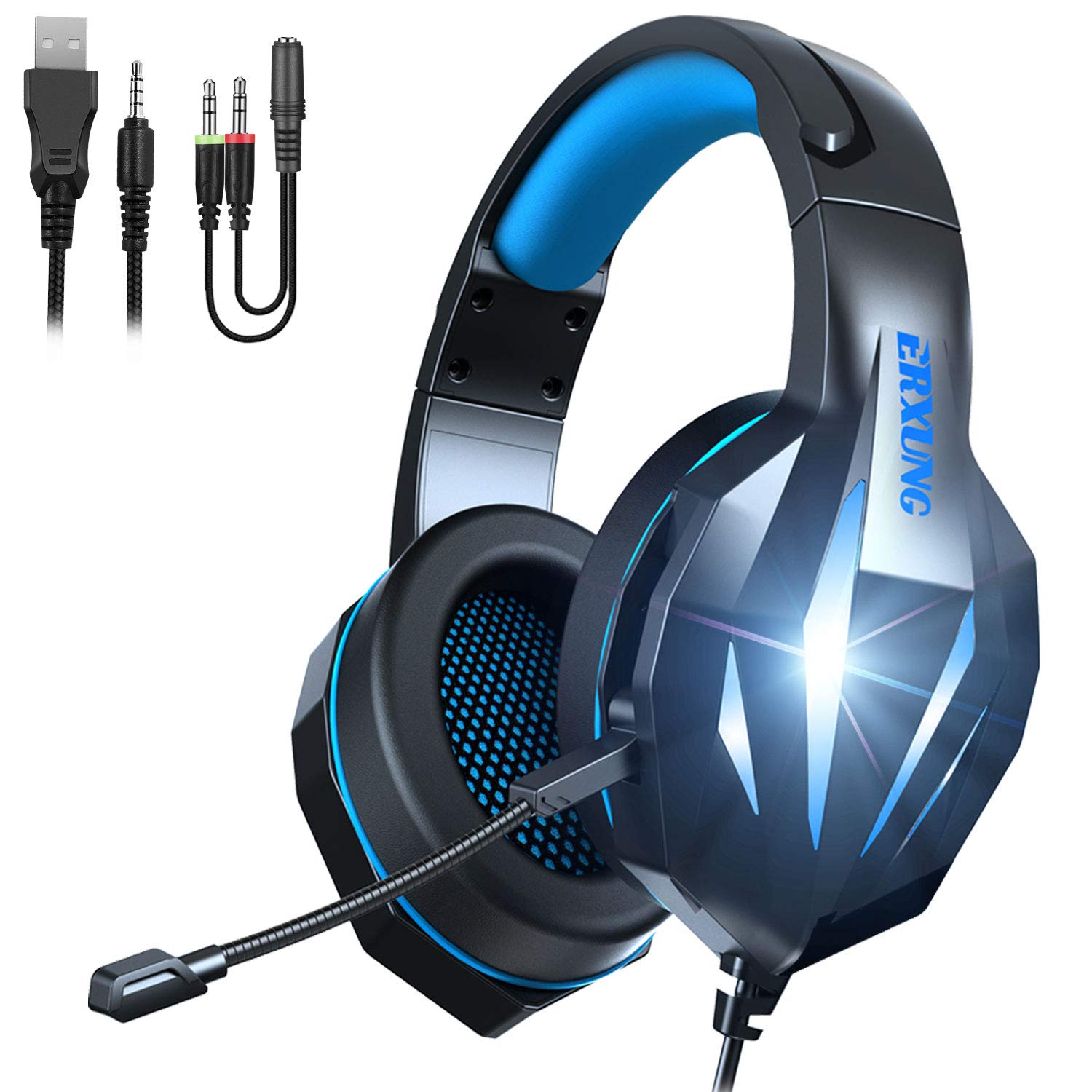 TYUOBOX Gaming Headset with Microphone - Noise Cancelling Mic, LED Lights & Bass Surround Sound for PS4, Xbox One, PC, Nintendo Switch, PS3 - Perfect for Online Gaming, Streaming & Virtual Meetings (Black Blue)