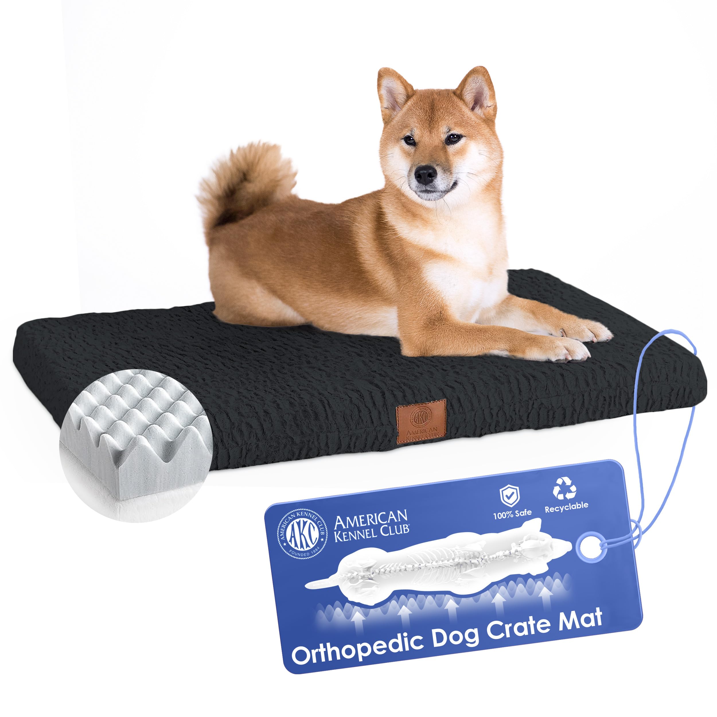 AKC Orthopedic Memory Foam Dog Crate Bed - Egg Crate Foam Support with Washable Cover & Non-Slip Bottom - Relieves Joint Pain & Arthritis - Breathable & Durable Pet Bed - 36x23 Inches Black - Perfect for Crates, Kennels & Senior Dogs with Aches