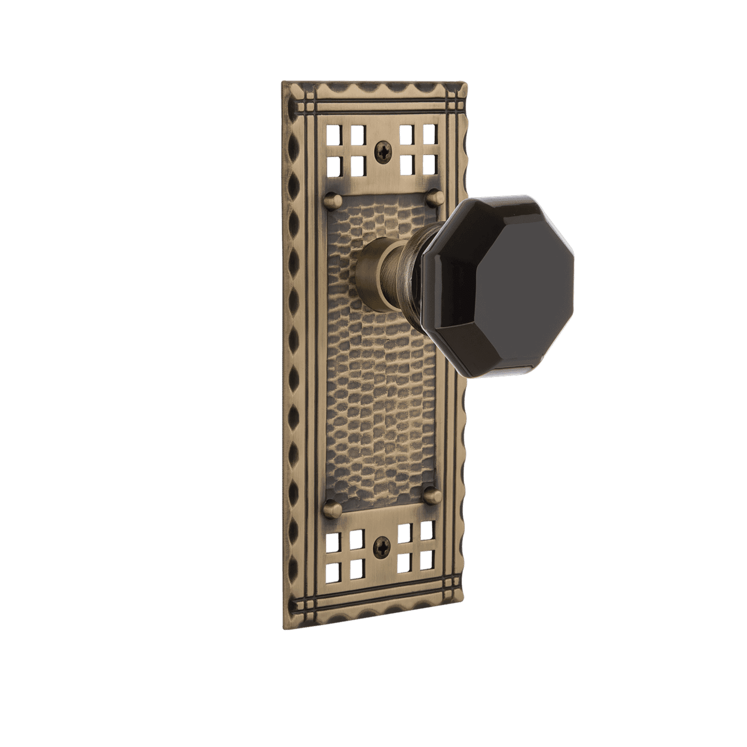 Craftsman Long Plate with Black Waldorf Knob in Antique Brass - Vintage Style Cabinet Hardware for Kitchen & Bathroom Renovation