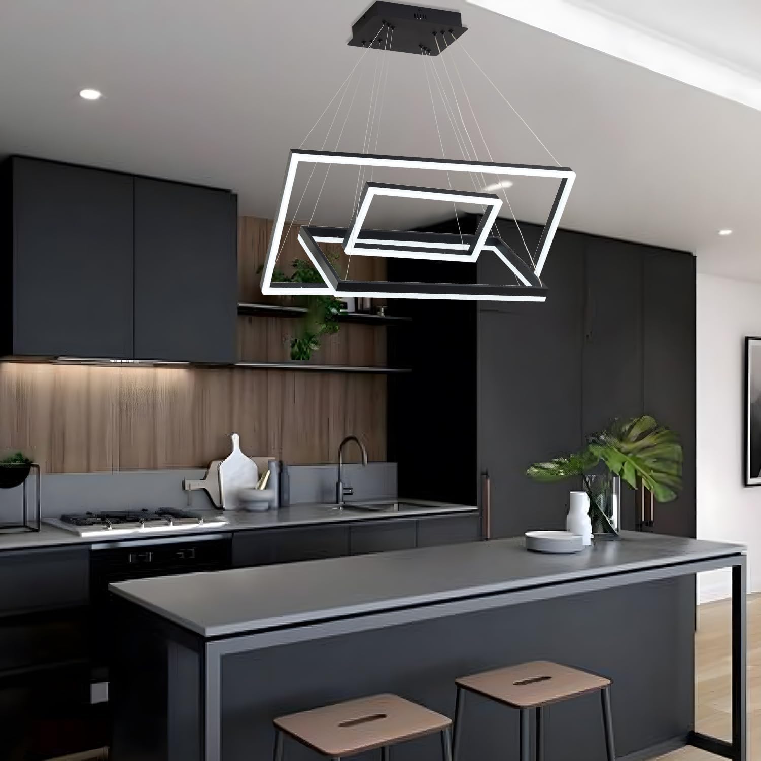 Modern Black LED Chandelier - 3 Ring Rectangle Dining Room Light Fixture - Large Upgraded High-Transmission Acrylic Design - Perfect for Contemporary Dining Rooms, Kitchens, and Living Spaces