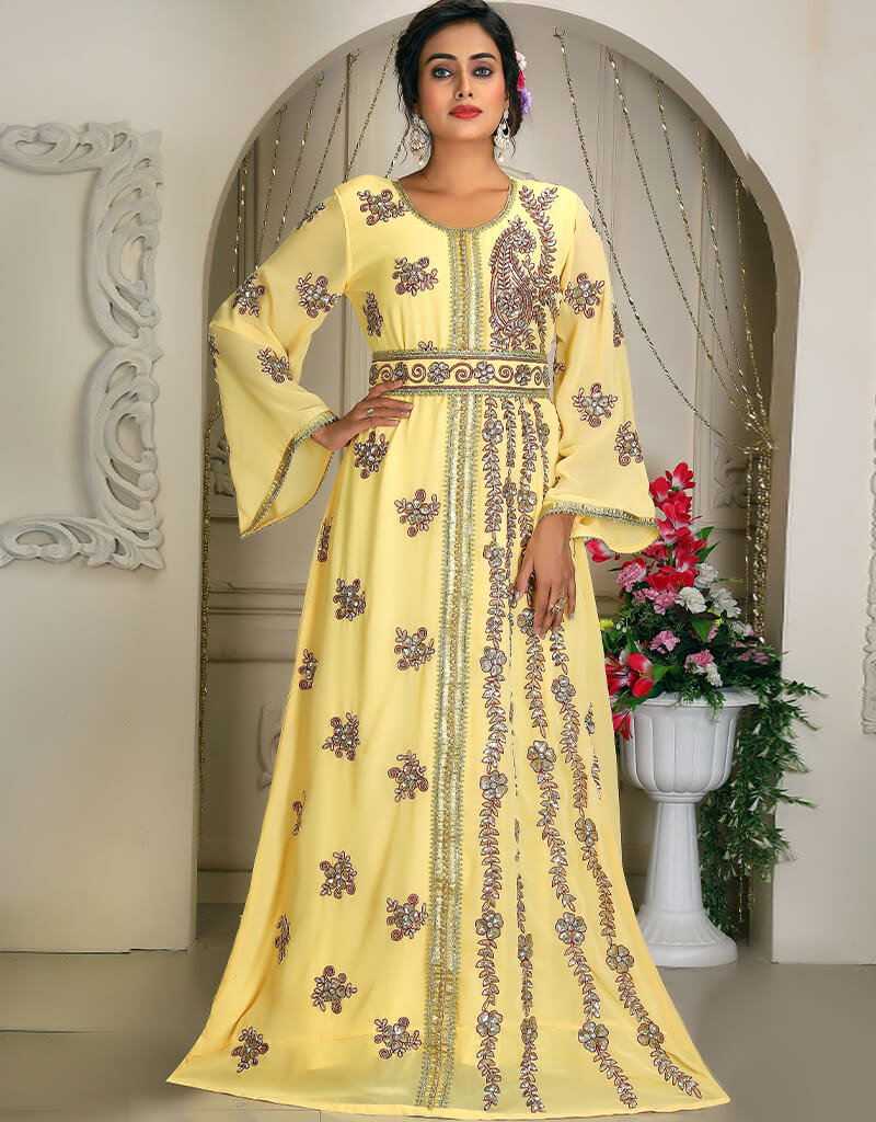 Exquisite Arabic Ivory Georgette Stone Embroidered Moroccan Caftan - Perfect for Weddings, Parties & Special Occasions