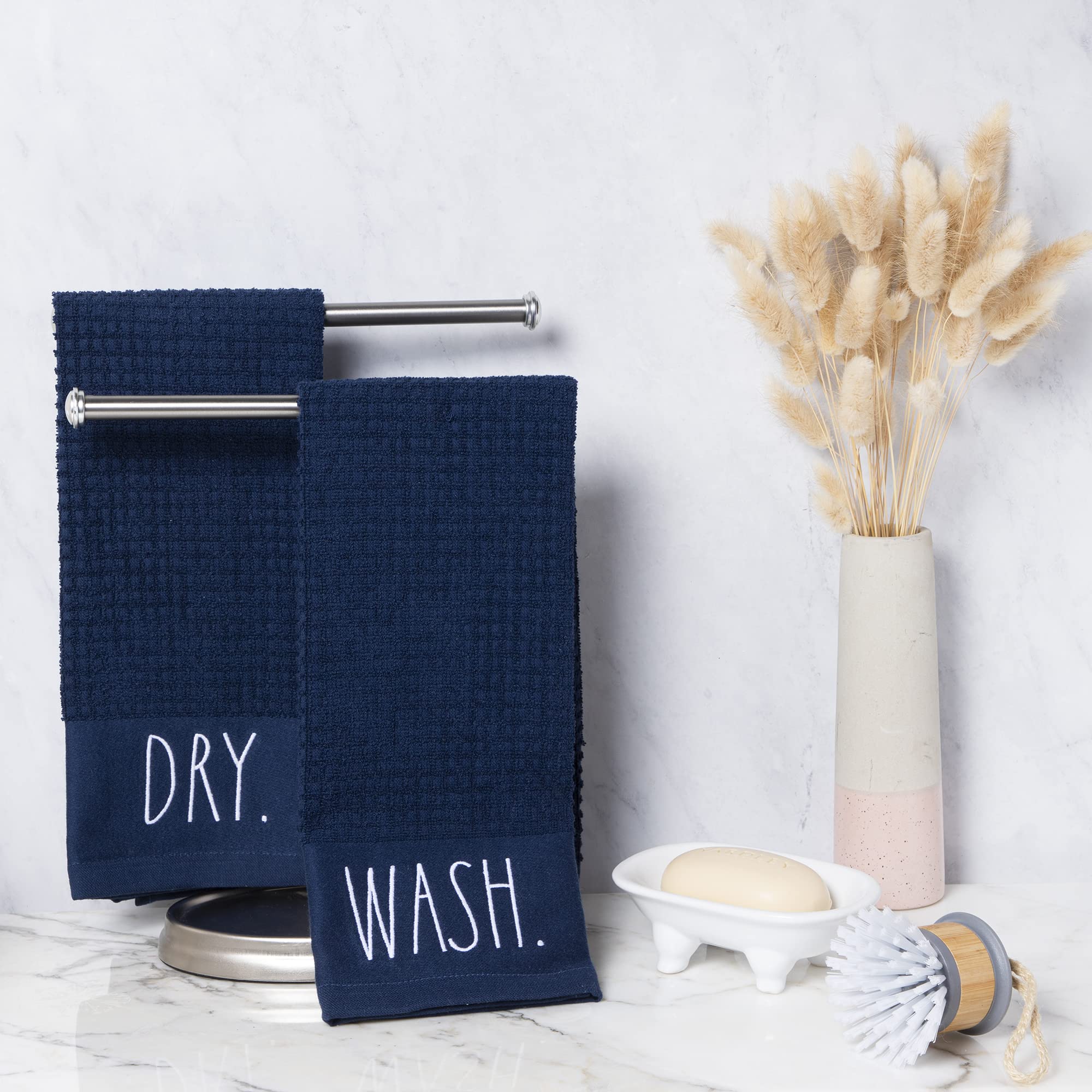 Rae Dunn 2-Pack 100% Cotton Embroidered Hand Towels for Kitchen & Bathroom - Soft Absorbent Dish Towels & Decorative Towels in Navy - Machine Washable - Perfect for Cooking, Cleaning & Home Decor