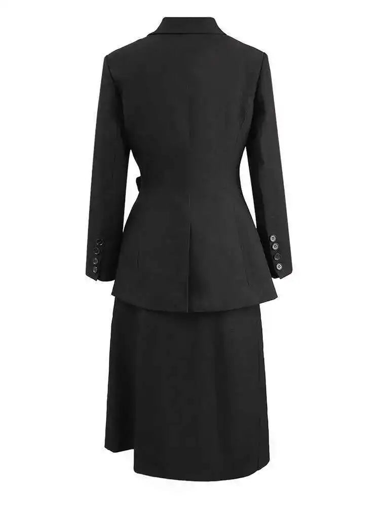 Elegant Black Blazer & Slit Skirt Two-Piece Suit for Women - Lapel Long Sleeve Fashion Set | Spring & Autumn 2025 Trendy Outfit | Perfect for Office Wear, Business Meetings & Formal Events