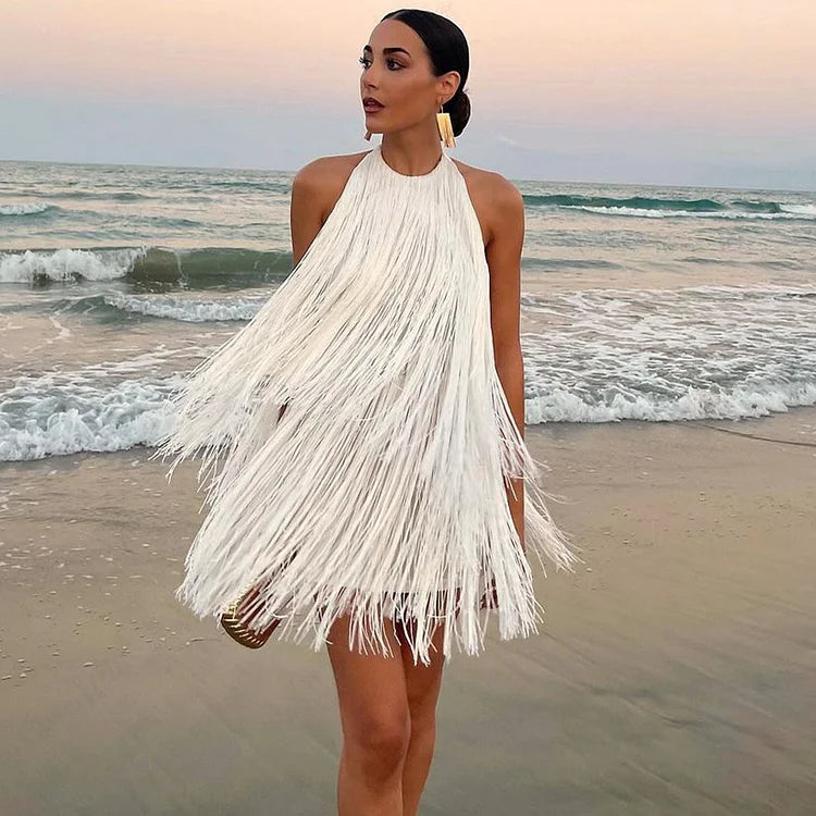 Elegant White Ivy Fringe Trim Mini Dress for Women | Summer Party & Cocktail Dress | Perfect for Weddings, Date Nights & Special Occasions