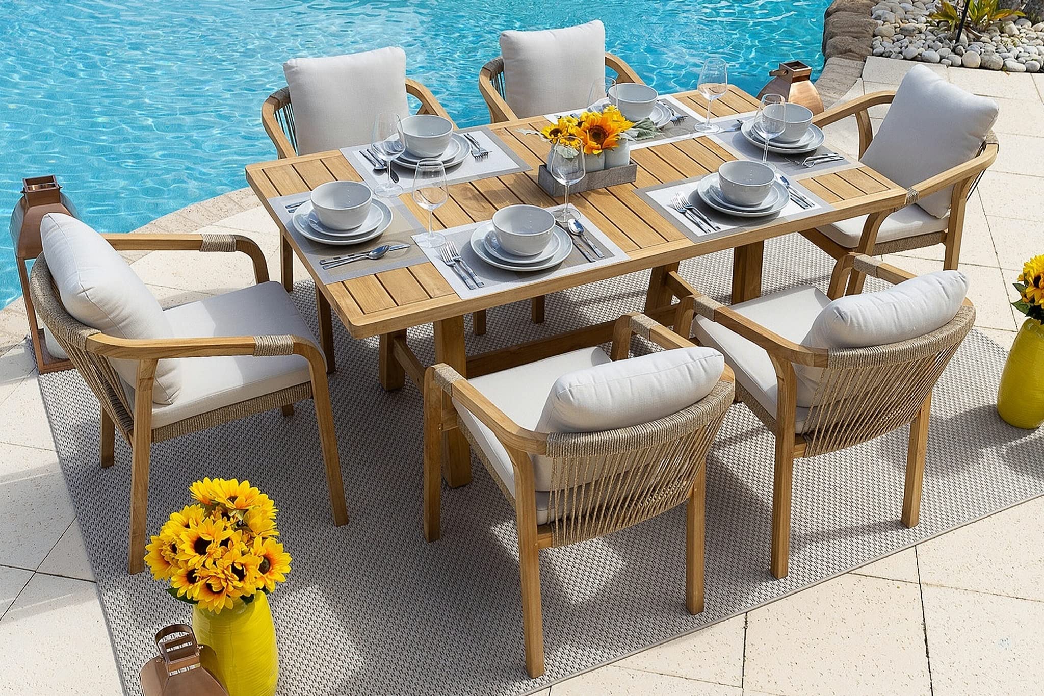 Premium 7-Piece Teak Wood Outdoor Patio Dining Set with Table & 6 Chairs - Weather-Resistant Garden Furniture for Backyard, Poolside & Terrace Entertaining