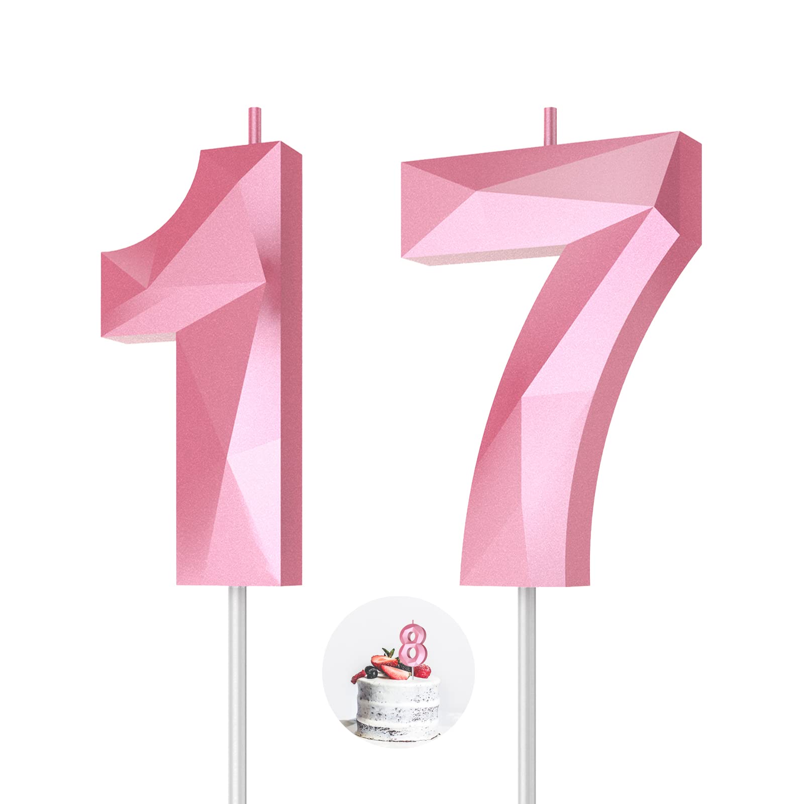 3D Diamond Shape 17th Birthday Candles - Pink Number 17 Cake Toppers for Women & Girls | Birthday, Wedding, Anniversary Party Decorations | Perfect for Celebration Cakes, Theme Parties & Special Events