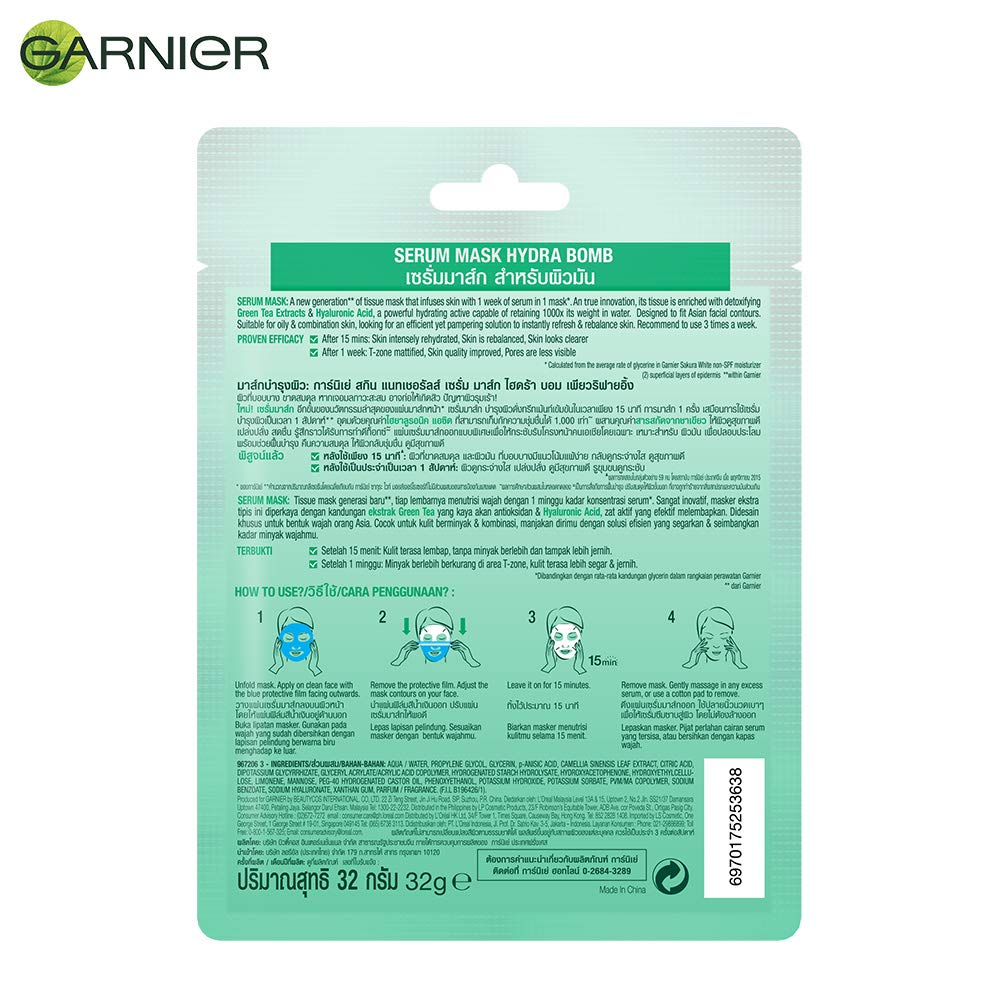 Garnier Skin Naturals Green Tea & Hydra Bomb Face Serum Sheet Mask Set - 32g Each (Green Tea & Hyaluronic Acid) for Hydration & Brightening | At-Home Spa & Self-Care Skincare Routine