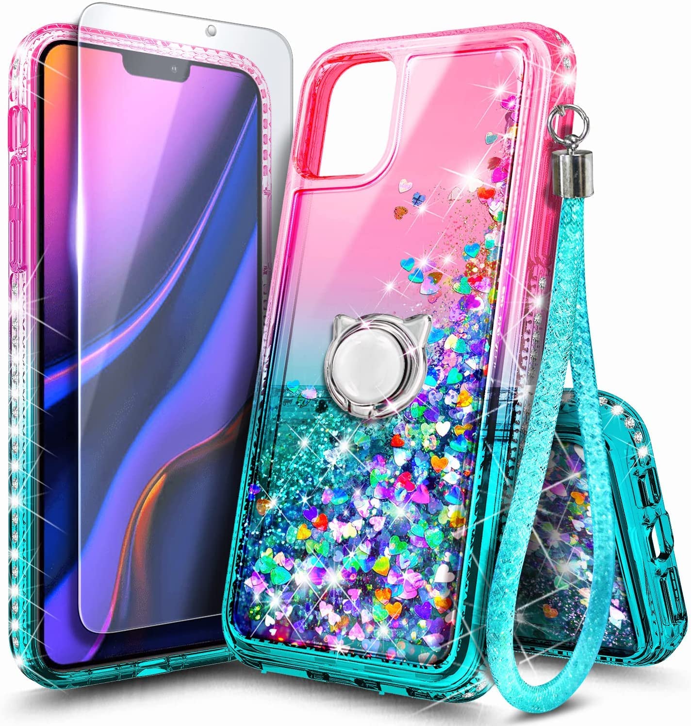 NGB iPhone 11 Case with Tempered Glass Screen Protector - Shockproof Ring Holder & Wrist Strap - Bling Sparkle Glitter Phone Cover for Women Girls (Pink/Aqua) - Perfect for Daily Use, Work, Travel & Fashion Accessories
