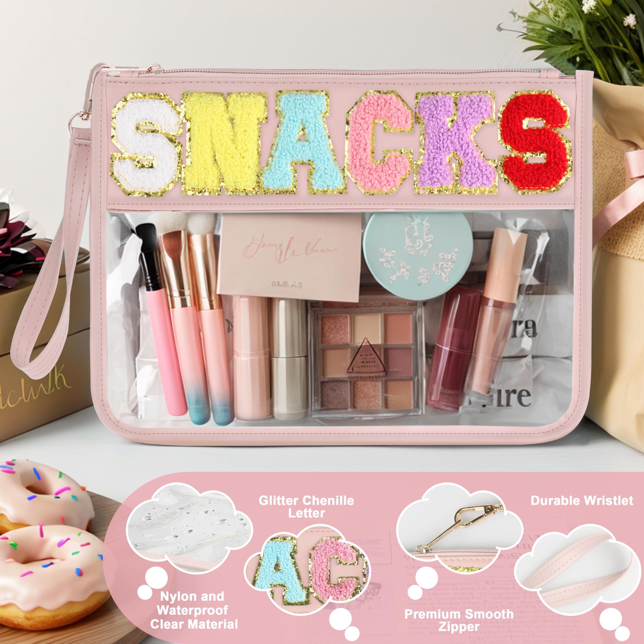 Clear Chenille Varsity Letter Zipper Pouch - Waterproof PVC & PU Travel Snack Bag, Cosmetic Tote for Women | Perfect for School, Gym, Beach & Daily Use (Pinkish-Snack)