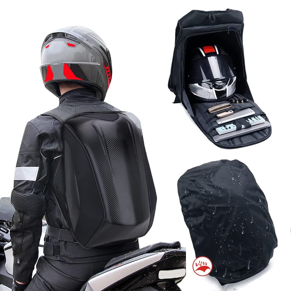 Waterproof Hard Shell Motorcycle Backpack with Helmet Holder - Carbon Fiber Riding Pack for Men - Commuting & Travel