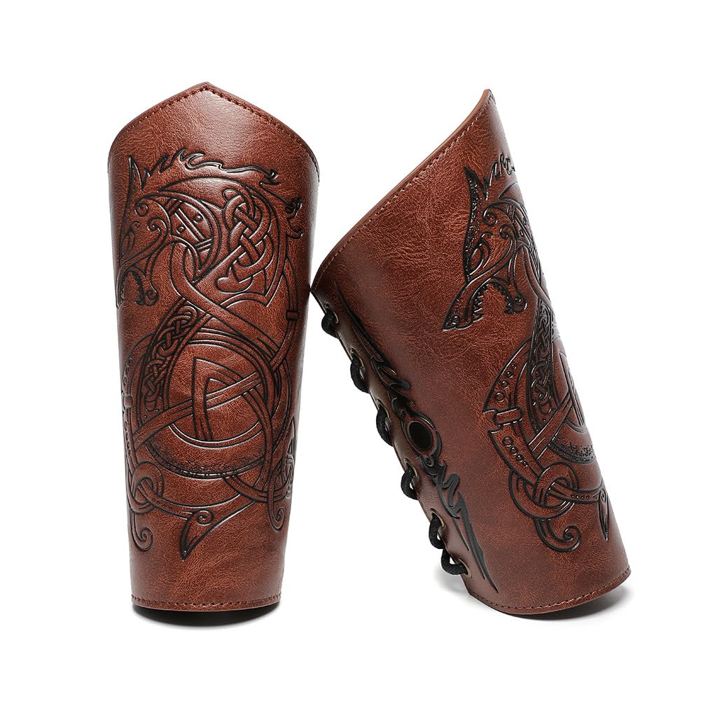Medieval Leather Bracers for Men - Dragon Embossed Viking Armor Cuffs - Handmade Leather Arm Guards for LARP, Cosplay, Renaissance Fairs & Historical Reenactment