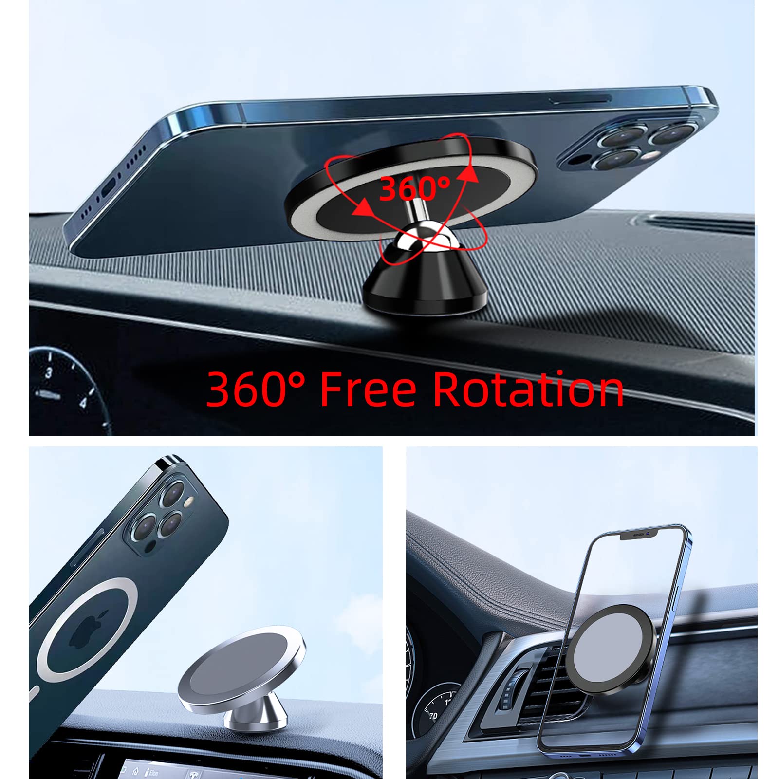 Super Strong Magnetic Phone Holder for Car - 360° Rotatable Universal Dashboard Mount Compatible with All Smartphones (Black) | Perfect for Hands-Free Navigation, Safe Driving & Road Trips