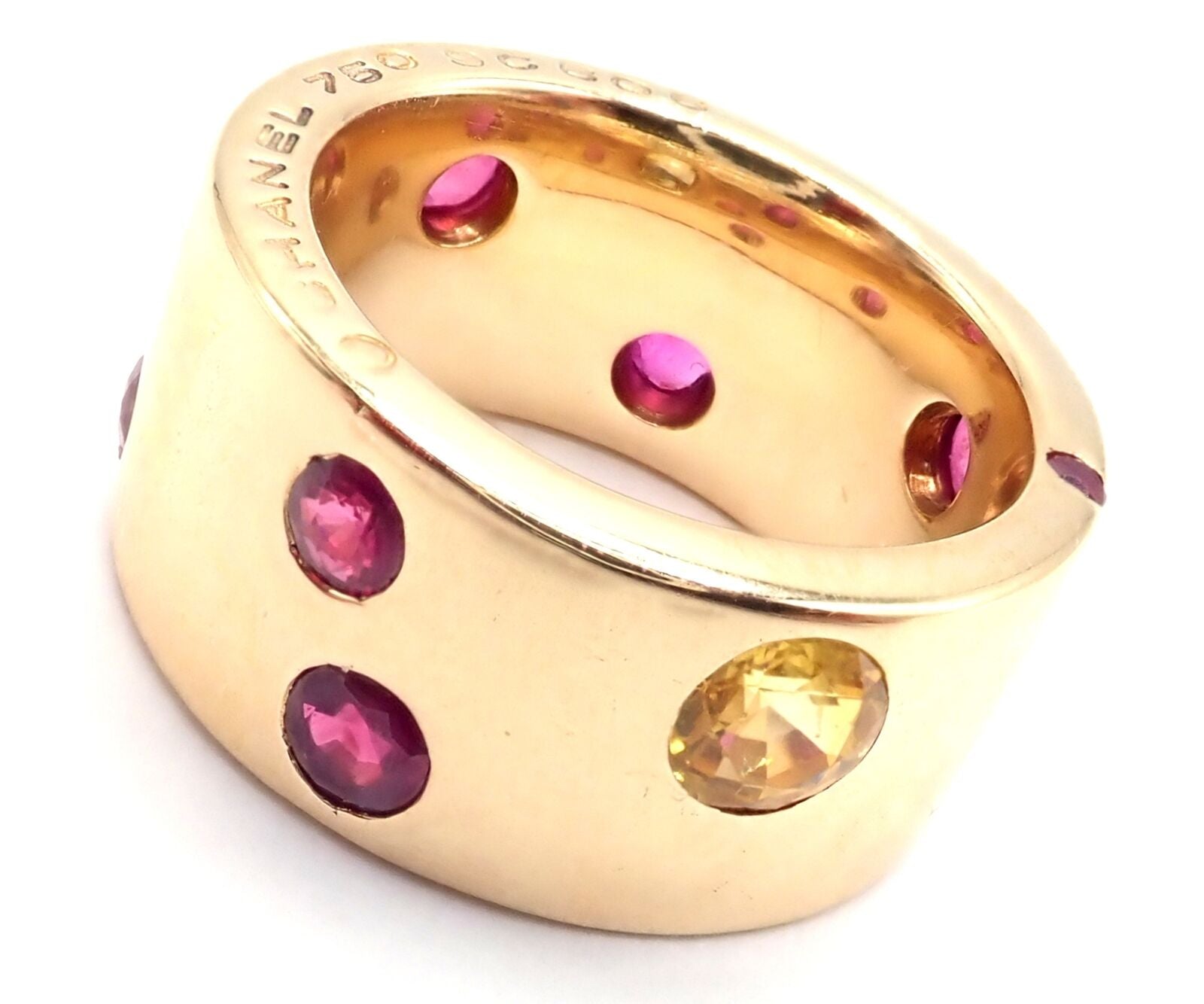 Authentic Chanel 18k Yellow Gold Ruby & Yellow Sapphire Wide Band Ring - Size 5 | Luxury Fashion Jewelry for Women, Perfect for Weddings, Parties & Special Occasions