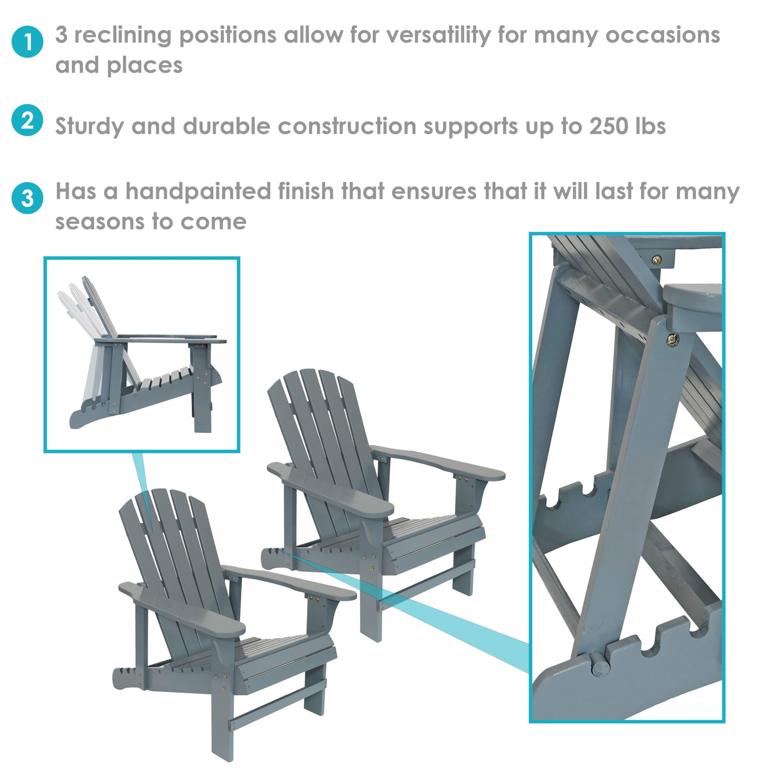 Premium Natural Fir Wood Adirondack Chairs Set of 2 - Adjustable Backrest, 250lb Weight Capacity - Weather-Resistant Gray Outdoor Patio Furniture for Garden, Poolside & Backyard Relaxation