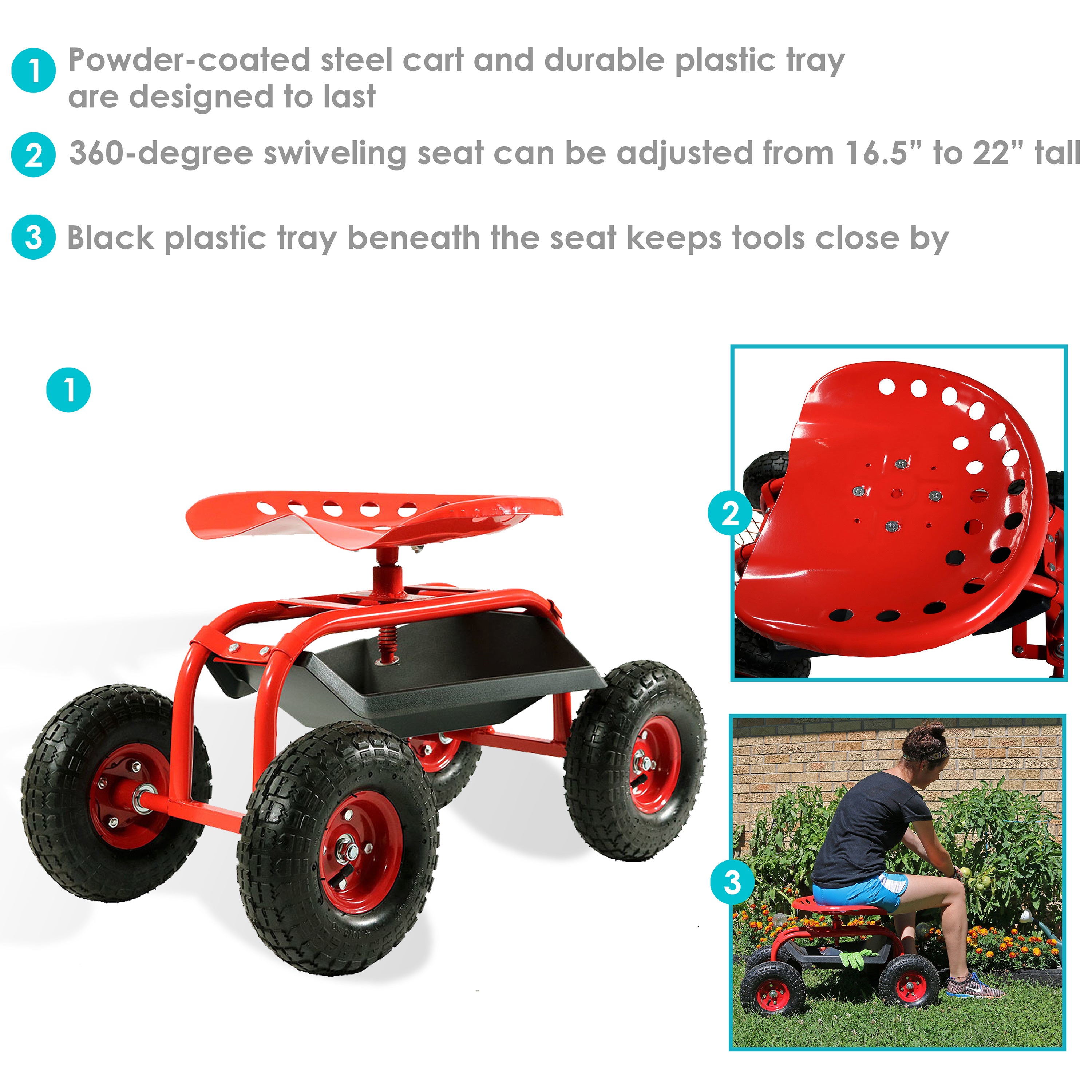 Sunnydaze Rolling Garden Cart with 360 Degree Swivel Seat & Tray - Heavy Duty Outdoor Utility Cart for Gardening, Yard Work & Patio Storage