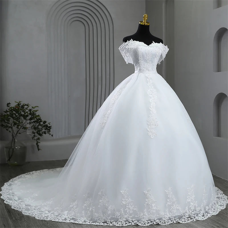 Elegant Plus Size Off Shoulder Wedding Dress with Appliques and Pearls - Perfect for Brides, Beach Weddings & Formal Occasions