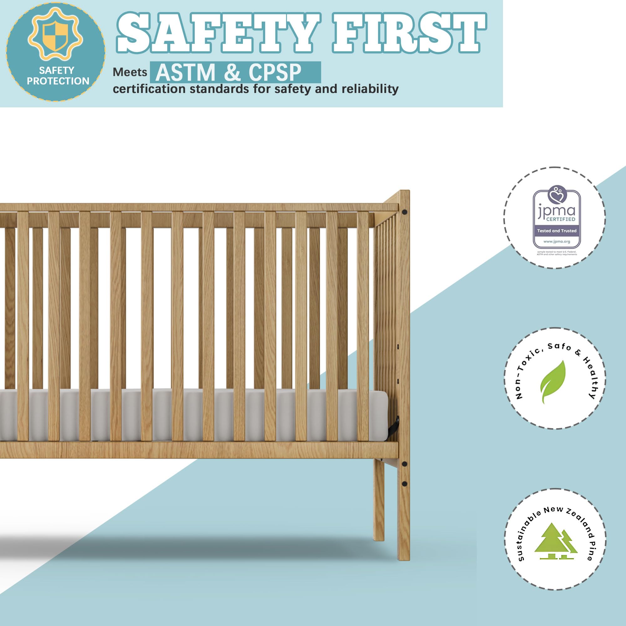 5-in-1 Convertible Baby Crib to Toddler Bed - Natural Pinewood Full Size Nursery Furniture with Non-Toxic Finish | Safe & Sustainable Wooden Crib for Newborns & Small Babies | Perfect for Nursery Rooms, Daycare Centers & Small Spaces