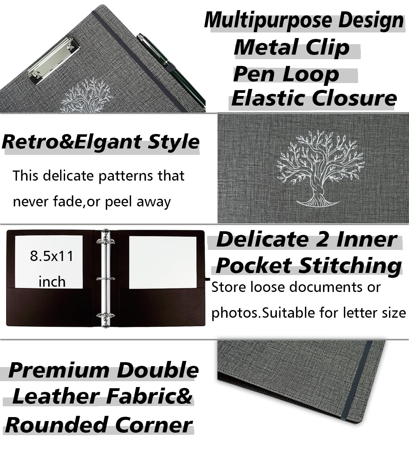 Premium 2 Inch 3-Ring Binder with Clipboard - Linen Leather Organizer for Letter Size Paper, Includes 5 Tab Dividers, Transparent Folder, File Labels, Pen Loop & Elastic Strap (Dark Grey) - Perfect for Office, School, Business Meetings & Document Organization