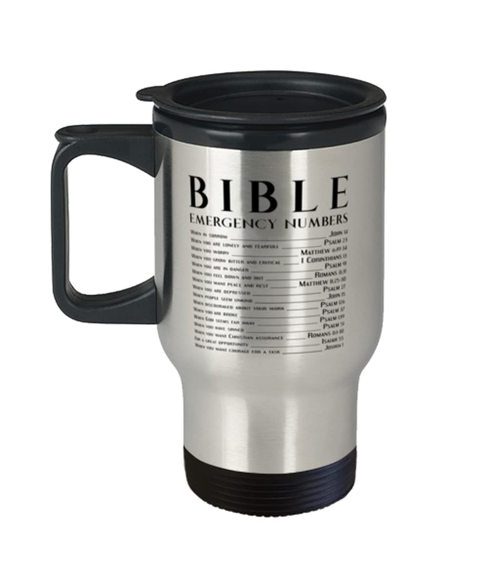 Christian Travel Mugs with Bible Emergency Numbers - Inspirational Bible Study Gifts, Scripture & Jesus Verse Coffee Tumblers - Perfect for Church, Bible Study Groups & Christian Travelers