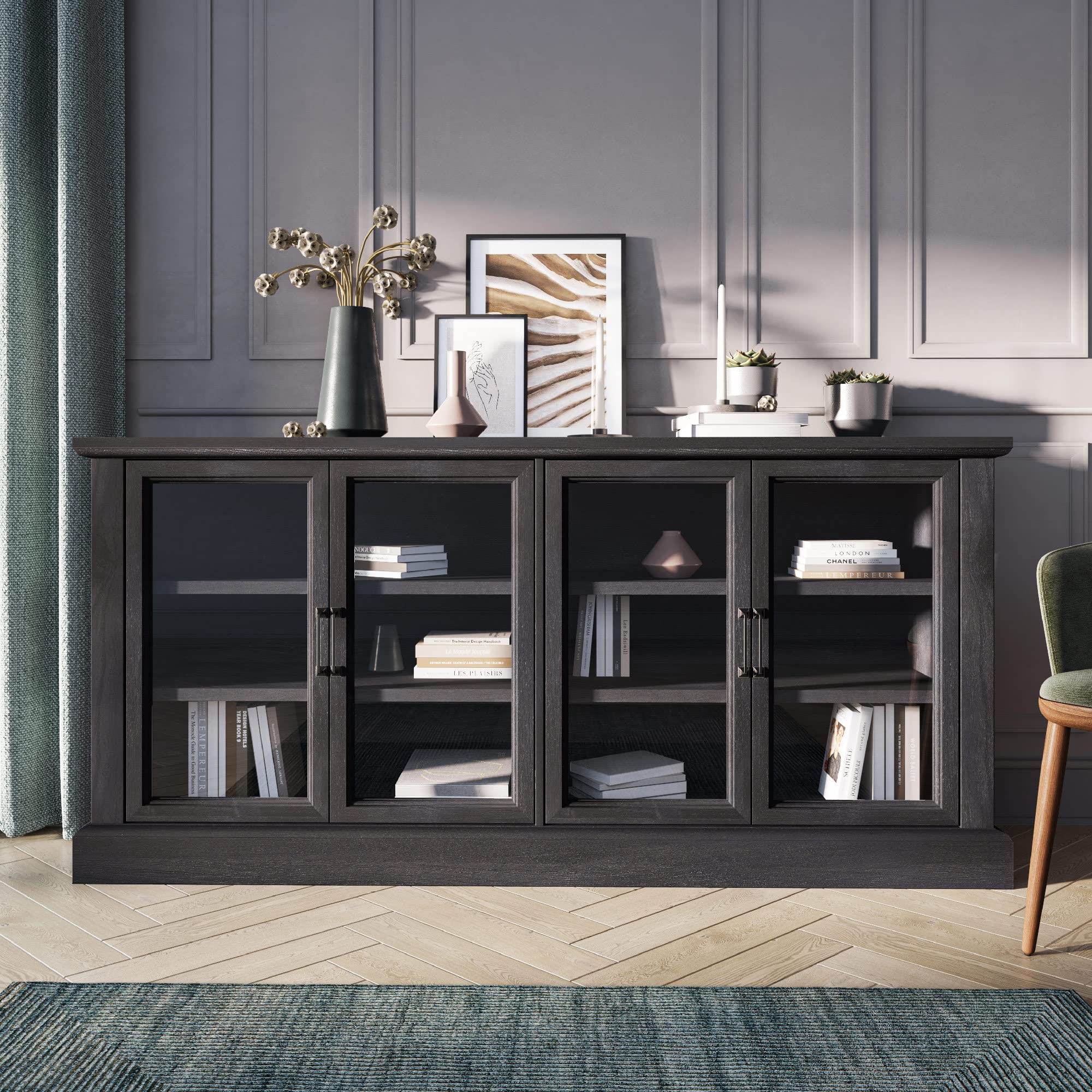 BELLEZE 70 Inch Rustic Gray Sideboard Buffet Cabinet with Glass Doors & Adjustable Shelves - Storage Entertainment Center for Living Room, Dining Room, Home Office | Perfect for Displaying Collectibles, Storing Tableware & Organizing Media Equipment