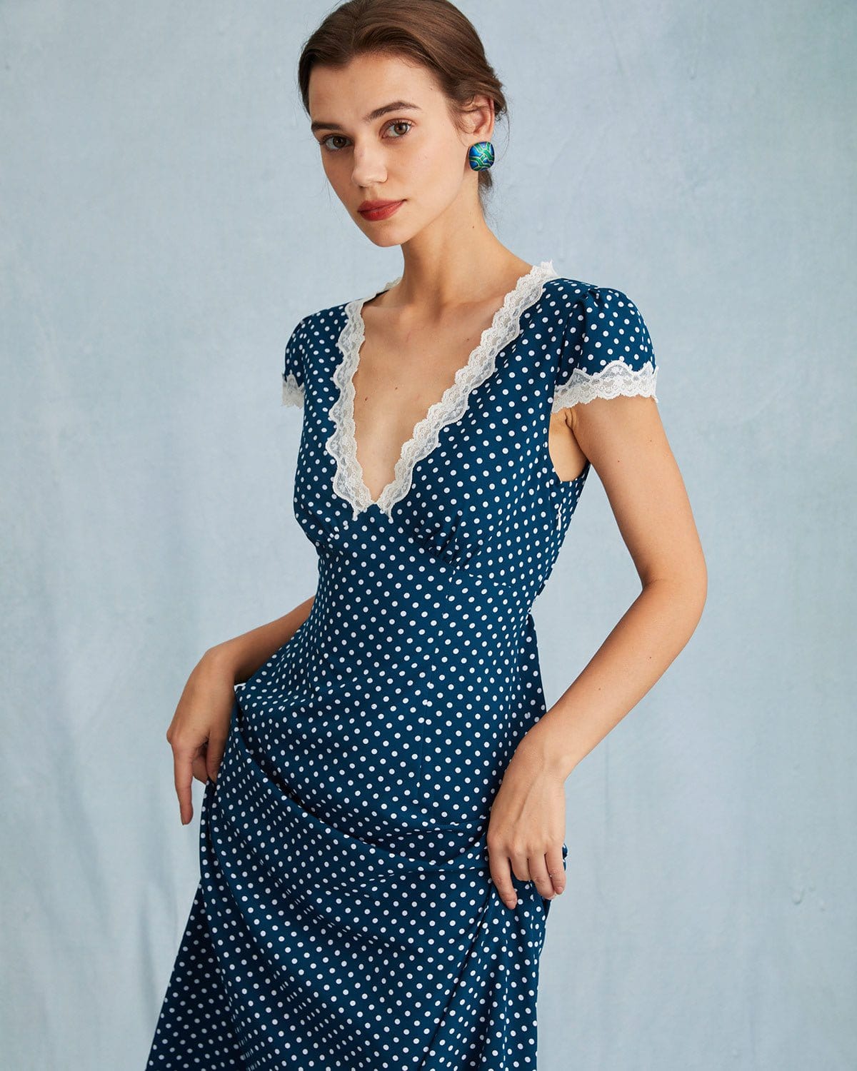 Navy Blue V-Neck Polka Dot Lace Ruched Maxi Dress for Women - Elegant Long Formal Dress for Wedding, Party & Special Occasions