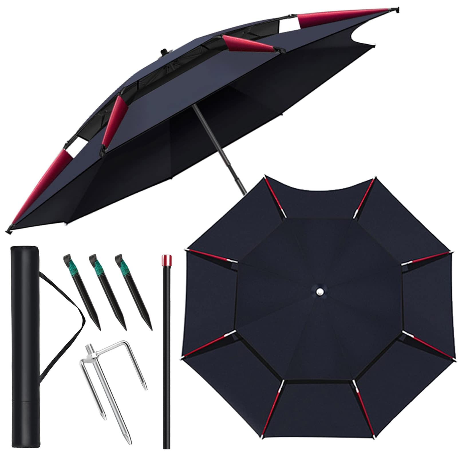 LIGUOYI 6.5ft/7.2ft/7.8ft/8.5ft Outdoor Beach Umbrella - Tilt Aluminum & Stainless Steel Frame, 99% UV Protection, Waterproof Double Layer Canopy with 16 Ribs - Perfect for Beach, Fishing, Camping, Picnics and Backyard Relaxation