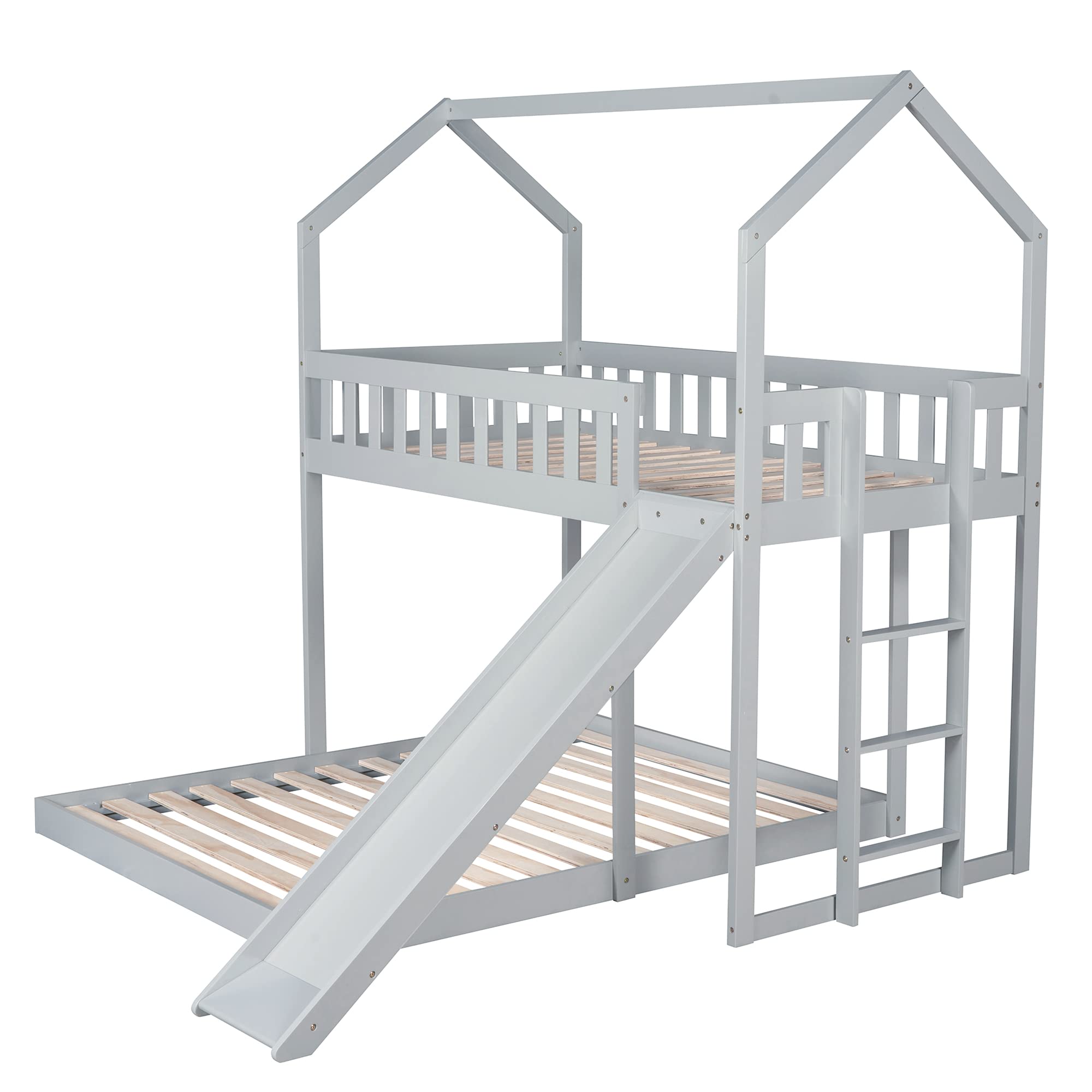 LZ LEISURE ZONE Twin Over Full Bunk Bed with Slide - Sturdy House Bunk Bed Frame with Built-in Ladder & Full-Length Guardrail - Perfect for Kids, Teens & Adults - Space-Saving Grey Loft Bed for Small Rooms, Dorms & Shared Kids' Bedrooms