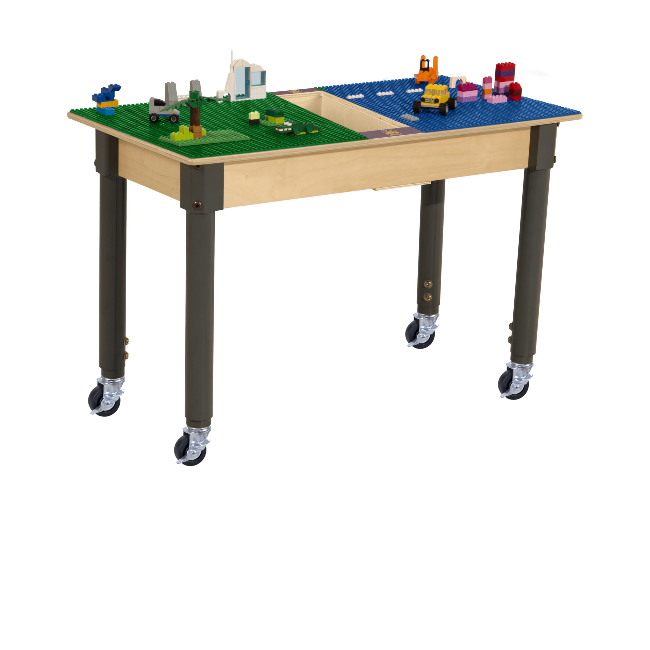 Montessori Play Table for Kids - Adjustable Height 18”-29” | Wooden Lego Compatible Building Blocks Activity Table with Wheels & Storage Trough | Red & Blue Birch Plywood Design | Perfect for Preschool Learning & Home Playroom
