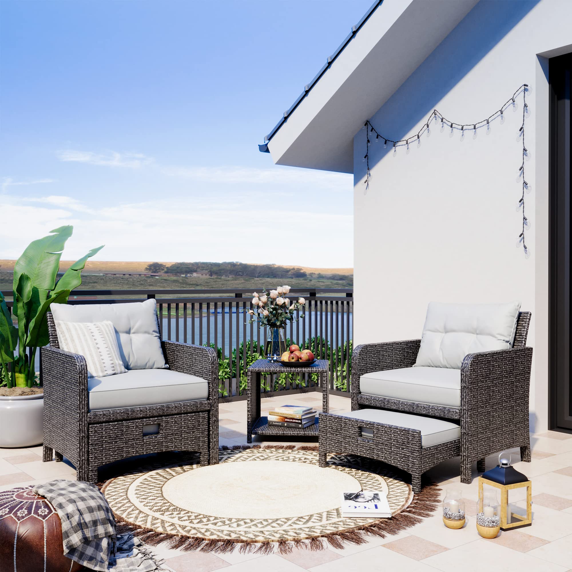 Pamapic 5-Piece Wicker Patio Furniture Set with Grey Cushions & Rattan - Outdoor Conversation Set Includes Chairs, Ottomans & Coffee Table for Garden, Balcony, Porch or Backyard Relaxation