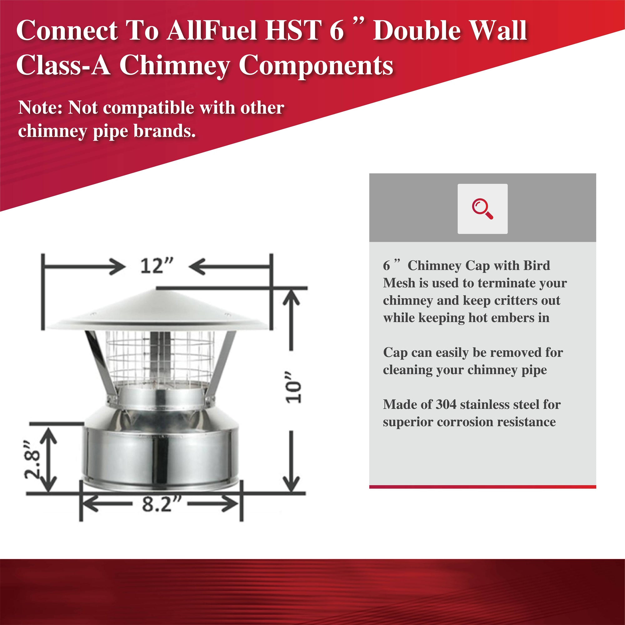 AllFuelHST Stainless Steel Chimney Cap with Spark Screen - 6 Inch Inner Diameter for Wood Stove & Fireplace - Weather & Animal Proof Protection for Outdoor Use