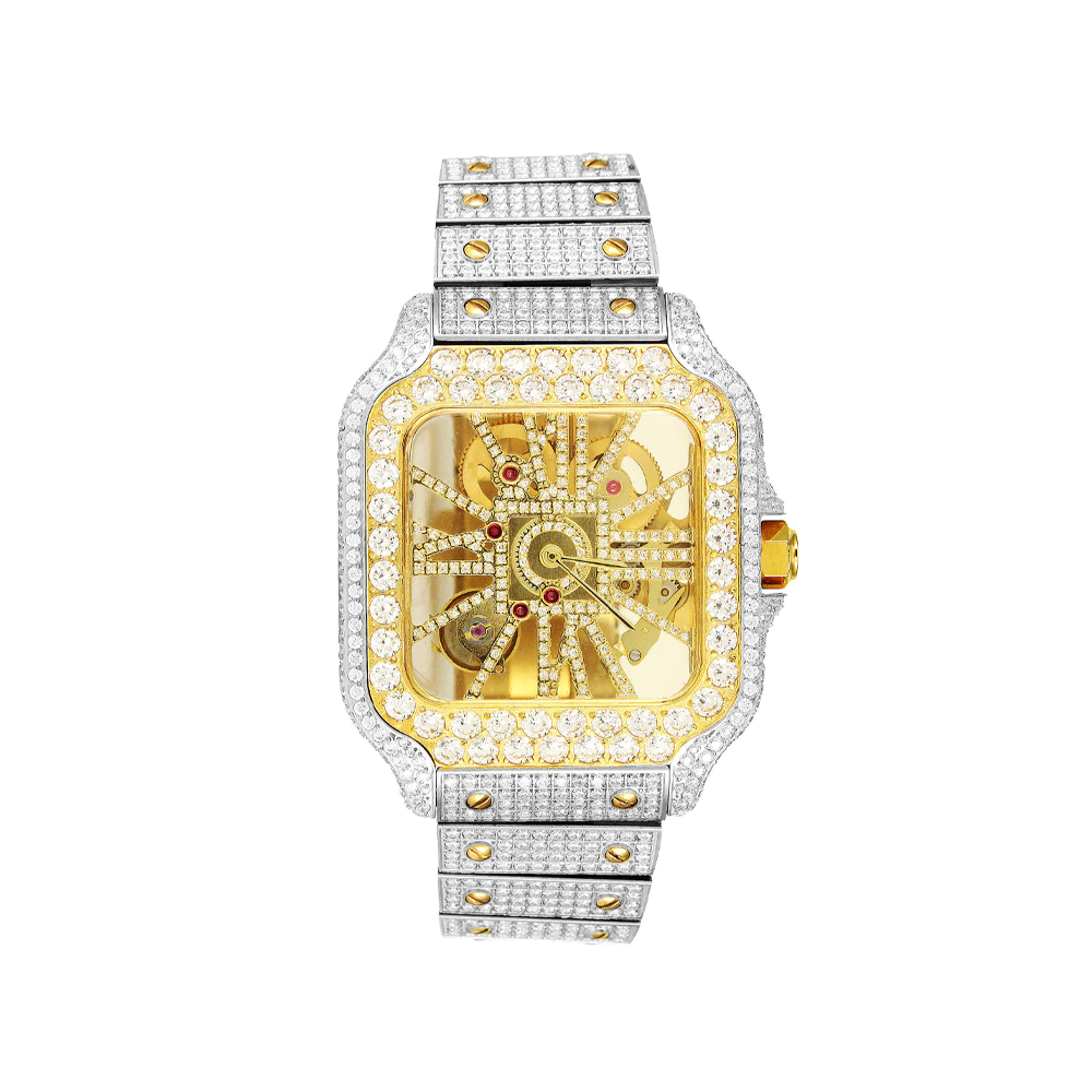 Skeleton Dial Watch with Moissanite Stones - 19.5Ct Two-Tone Automatic Mechanical Watch for Men - Luxury Dress Watch for Business, Formal Events & Special Occasions