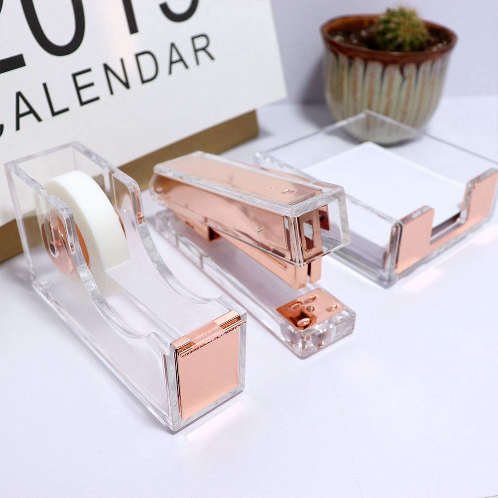 Clear Rose Gold Acrylic Desk Organizer Set - Tape Dispenser, Stapler (24/6 Staples), Sticky Notes Holder, Magnetic Paper Clip Holder, Pen & Pencil Holder - Stylish Office Supplies for Home & Workspace Organization