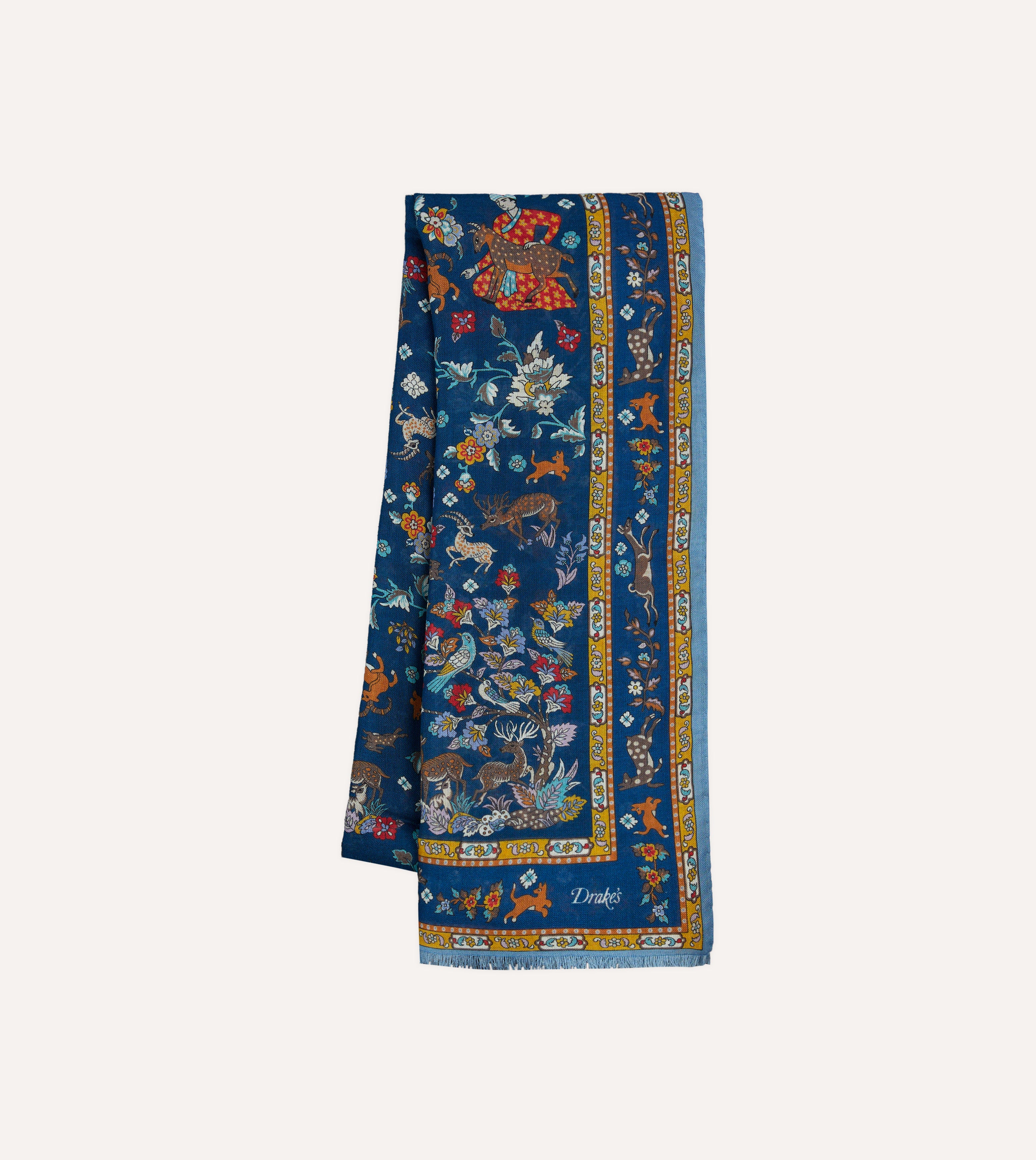 Navy Blue Mughal Print Wool Silk Scarf for Women - Lightweight Summer Shawl Wrap - Perfect for Travel, Beach Cover-Up & Boho Fashion Accessory