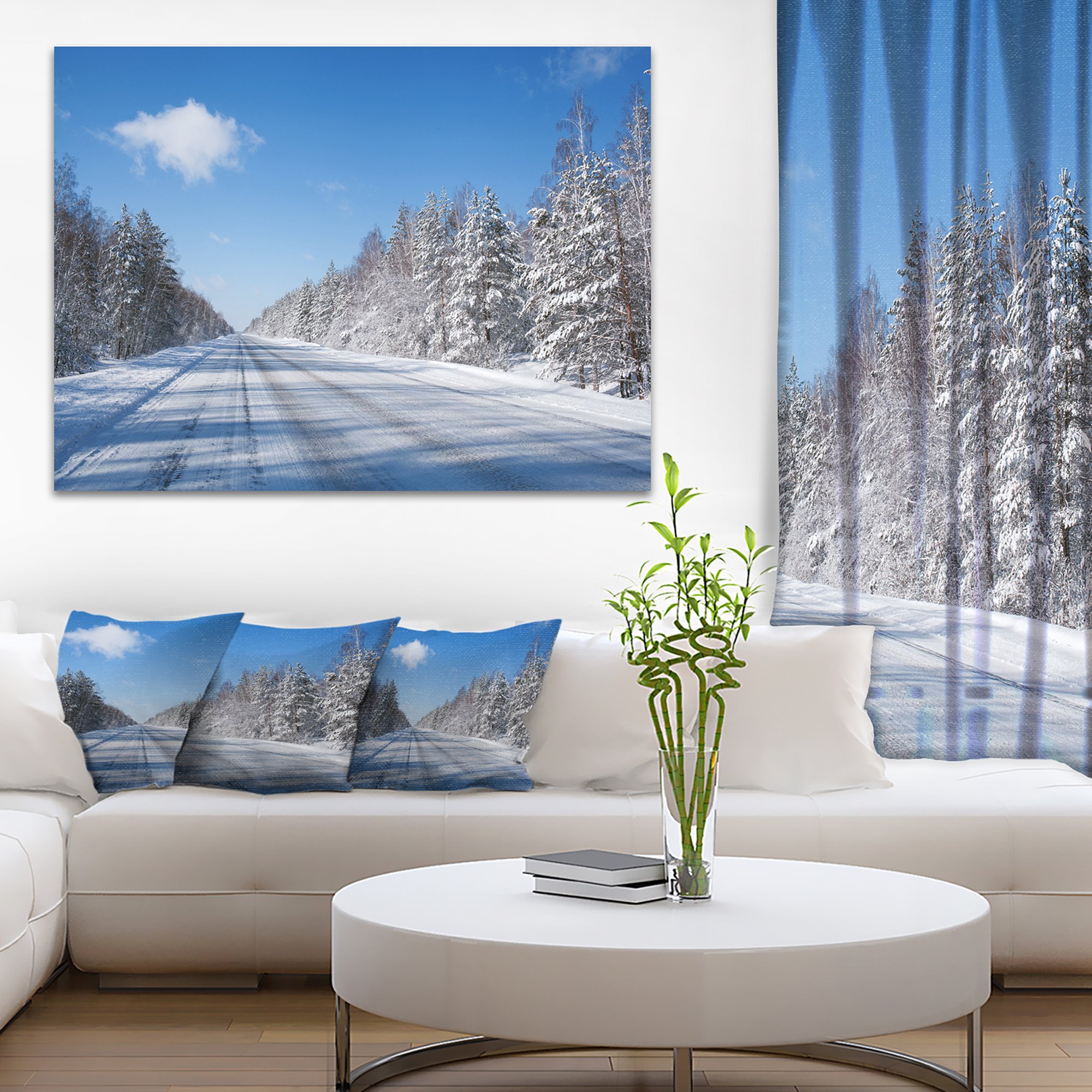 Winter Road Landscape Photography Canvas Art Print - Stunning Snowy Scenery Wall Decor for Living Room, Bedroom & Office