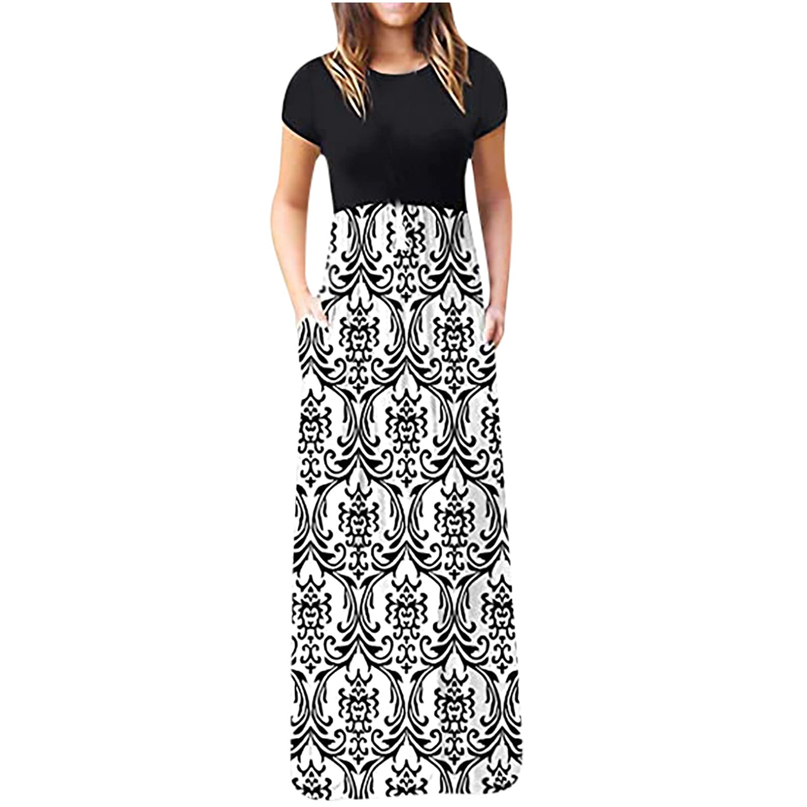 Women's Floral Print Empire Waist Maxi Dress - Elegant Short Sleeve Summer Casual Dress with Flowy Pleated Design | Perfect for Beach Vacations, Date Nights & Outdoor Parties