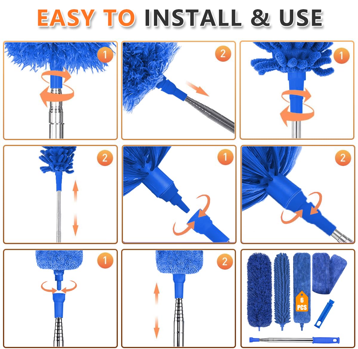 6PCS Washable & Bendable Microfiber Feather Duster Set with 100
