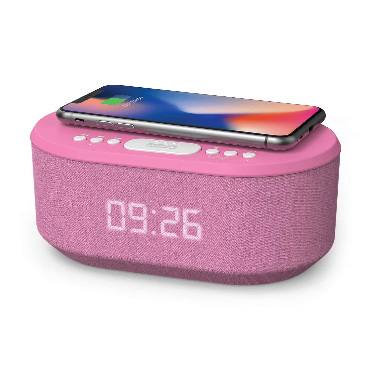 i-box Dawn Digital Alarm Clock with FM Radio, Wireless Charging & Bluetooth Speaker - USB Port, Dimmable Night Light for Bedroom (Pink) | Perfect for Home, Office & Travel Use
