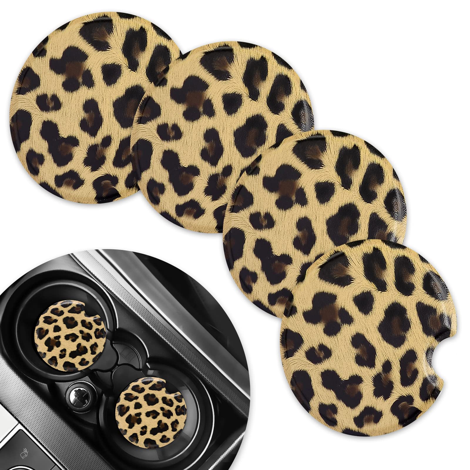 SHANSHUI 4 Pack Absorbent PU Leather Car Coasters for Women - Cute Yellow Leopard Design, Cup Holder Accessories for Auto, Perfect for Coffee, Tea, and Beverages in Car