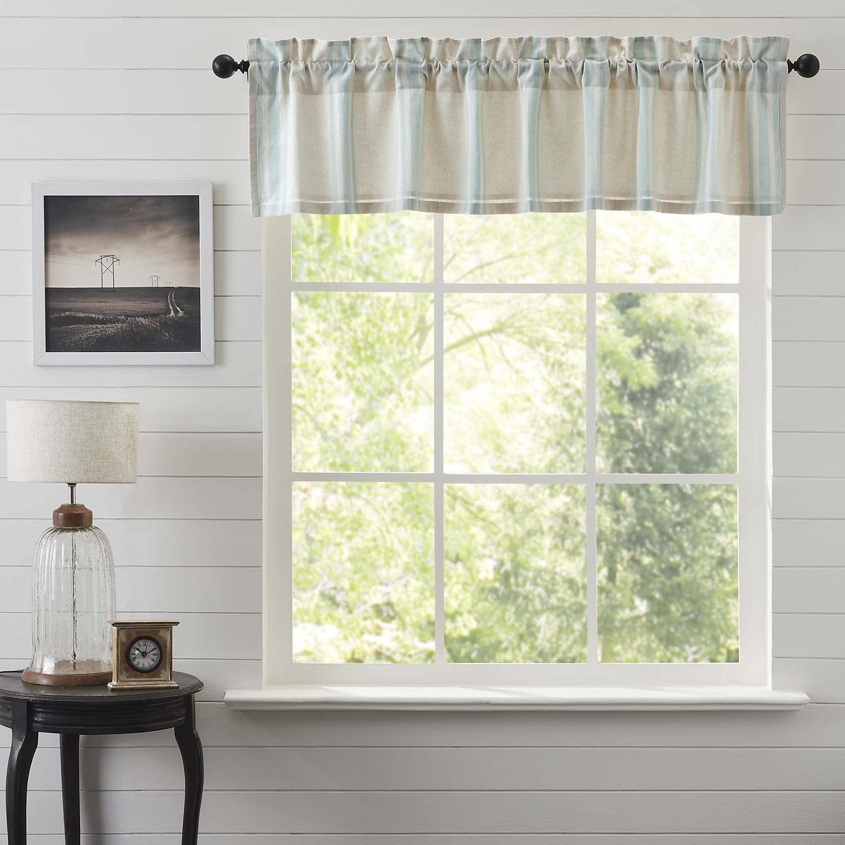 VHC Brands Farmhouse Kitchen Curtain Valance - 16x60 Inch Grain Sack Design with Aqua Blue Stripes for Coastal Decor | Perfect for Windows, French Doors & Cottage Style Homes