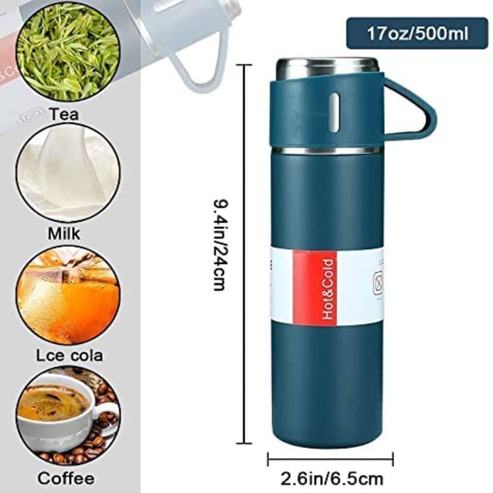 Brocli 500ml Stainless Steel Vacuum Flask Set with 3 Steel Cups - Insulated Thermos for Coffee, Tea, Hot & Cold Drinks - Perfect for Travel, Camping, Office & Outdoor Activities - Leakproof & Durable Gift Idea