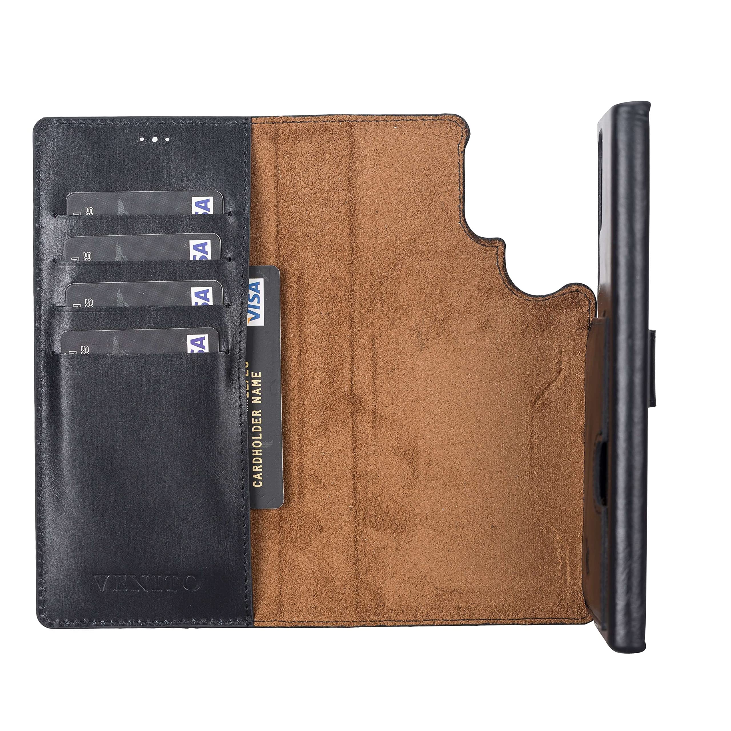 Venito Florence Genuine Leather Wallet Phone Case for Samsung Galaxy S22 Ultra - RFID Blocking for Security - Detachable Wallet with Card Slots - Perfect for Travel, Work & Everyday Use (Rustic Black)