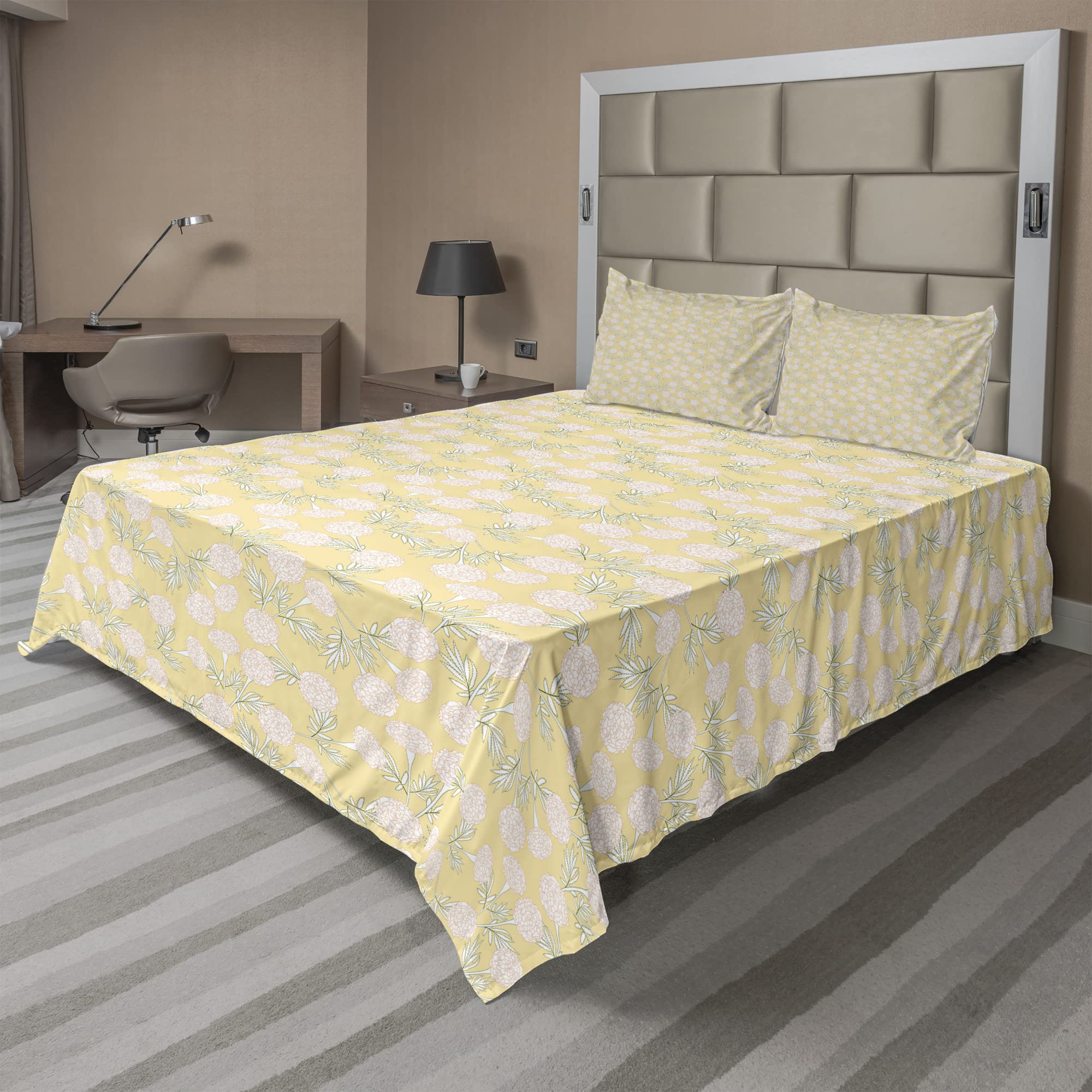 Ambesonne Floral King Sheet Set - 4 Piece Bedding with Outline Clove Flowers Print, Beige Peach & Khaki - Soft Fitted & Flat Sheets + Pillowcases for Spring Decor & Cozy Bedroom Upgrade