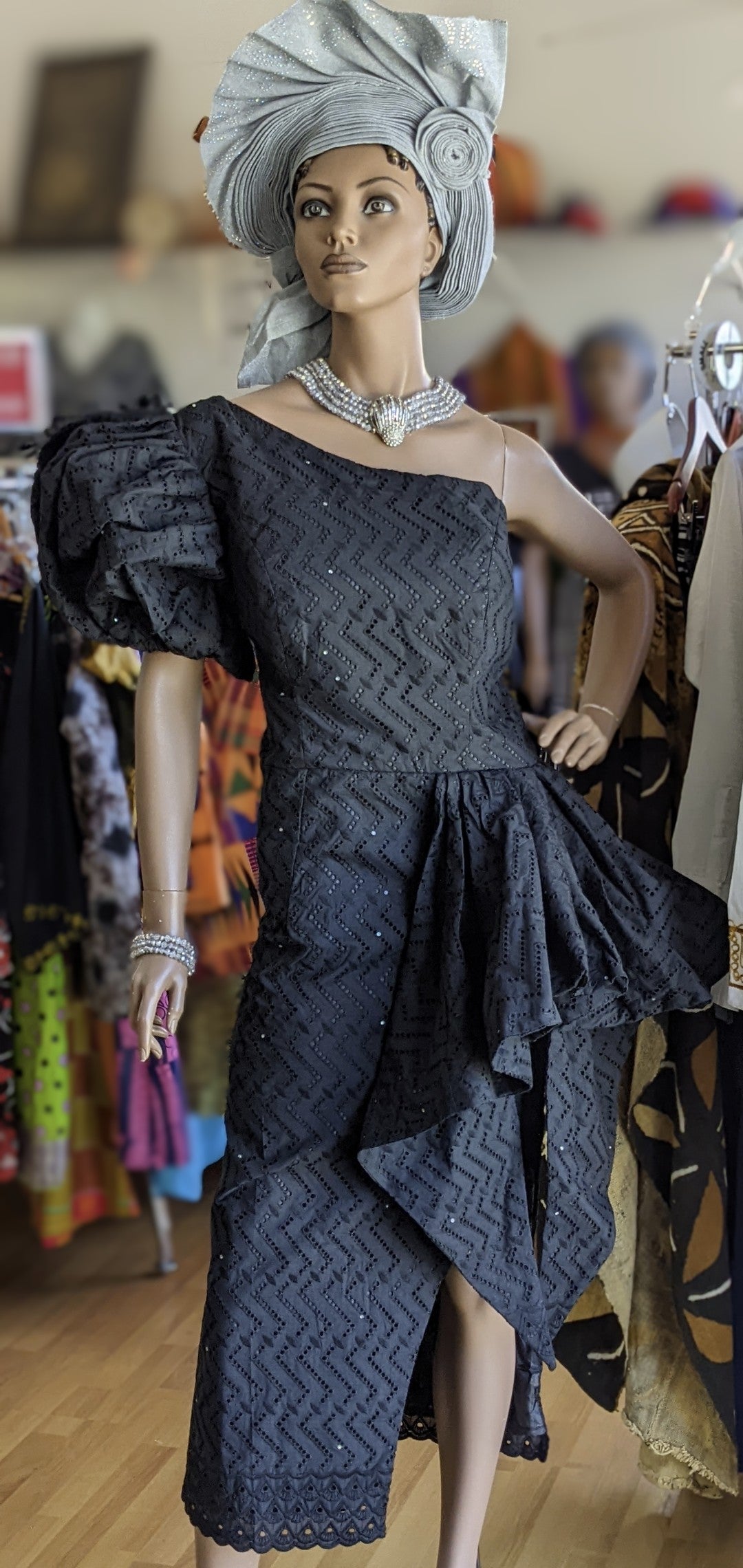 Juliana All Black African Lace Mono Sleeve Dress - Elegant Evening Gown for Women, Perfect for Parties, Weddings & Special Occasions