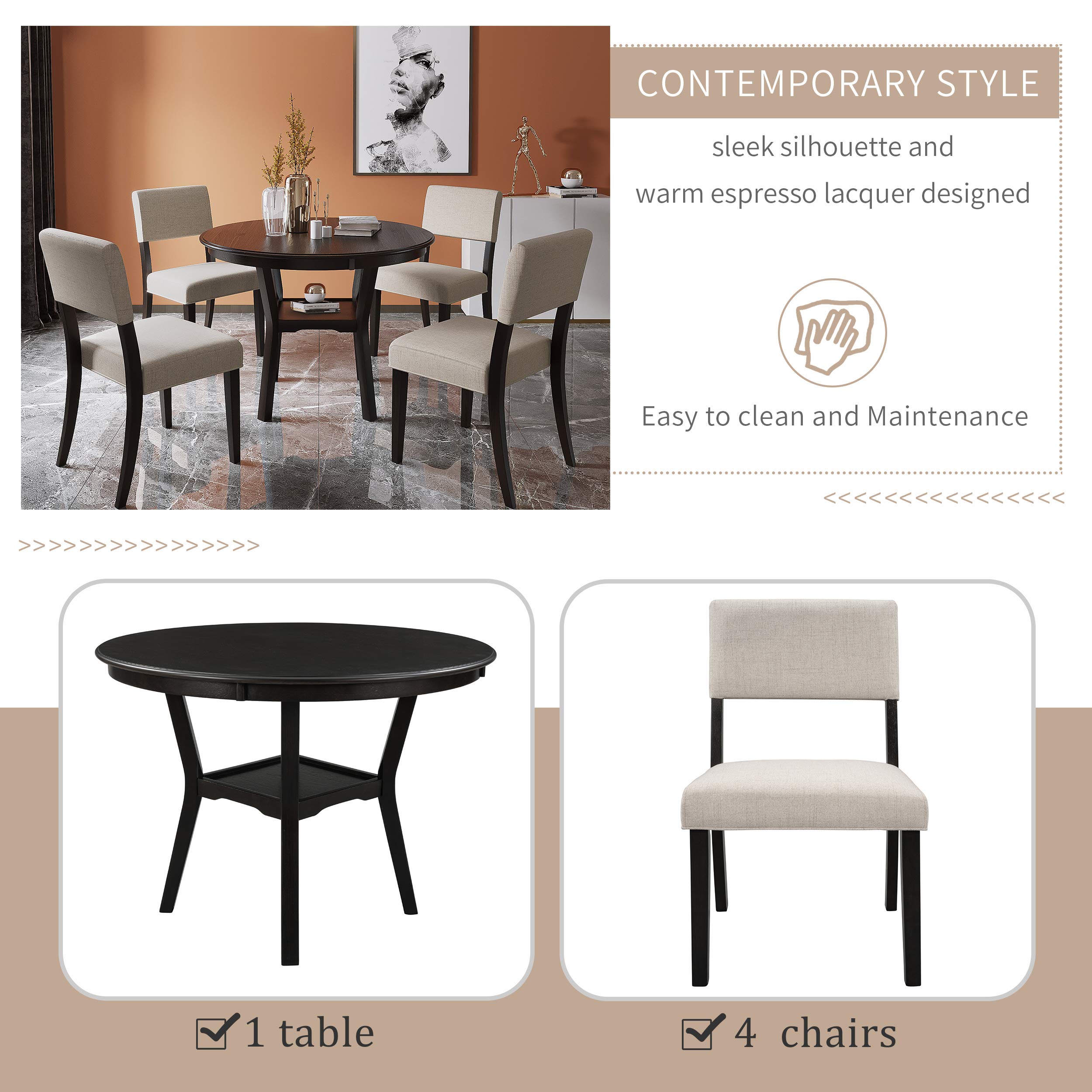 Polibi 5-Piece Round Dining Table Set with Bottom Shelf & 4 Upholstered Chairs - Espresso Finish for Kitchen & Dining Room | Perfect for Family Meals, Dinner Parties & Small Space Dining